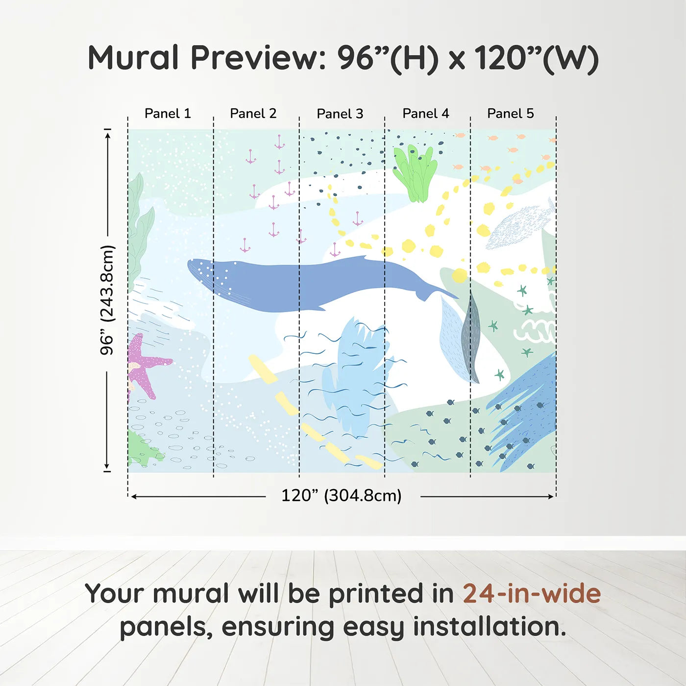 Whimsy Tots Gentle Ocean Dream Wall Muraldimension view (96" H x 120" W). Printed in five 24-inch-wide panels. Gender-Neutral