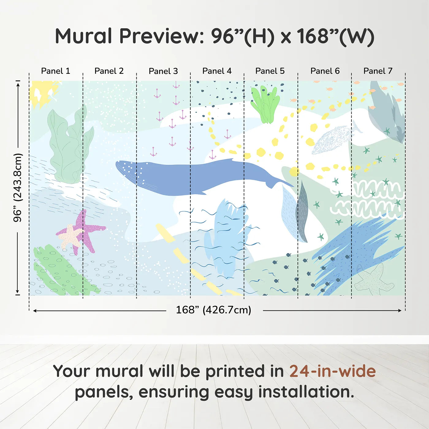 Whimsy Tots Gentle Ocean Dream Wall Muraldimension view (96" H x 168" W). Printed in seven 24-inch-wide panels. Gender-Neutral