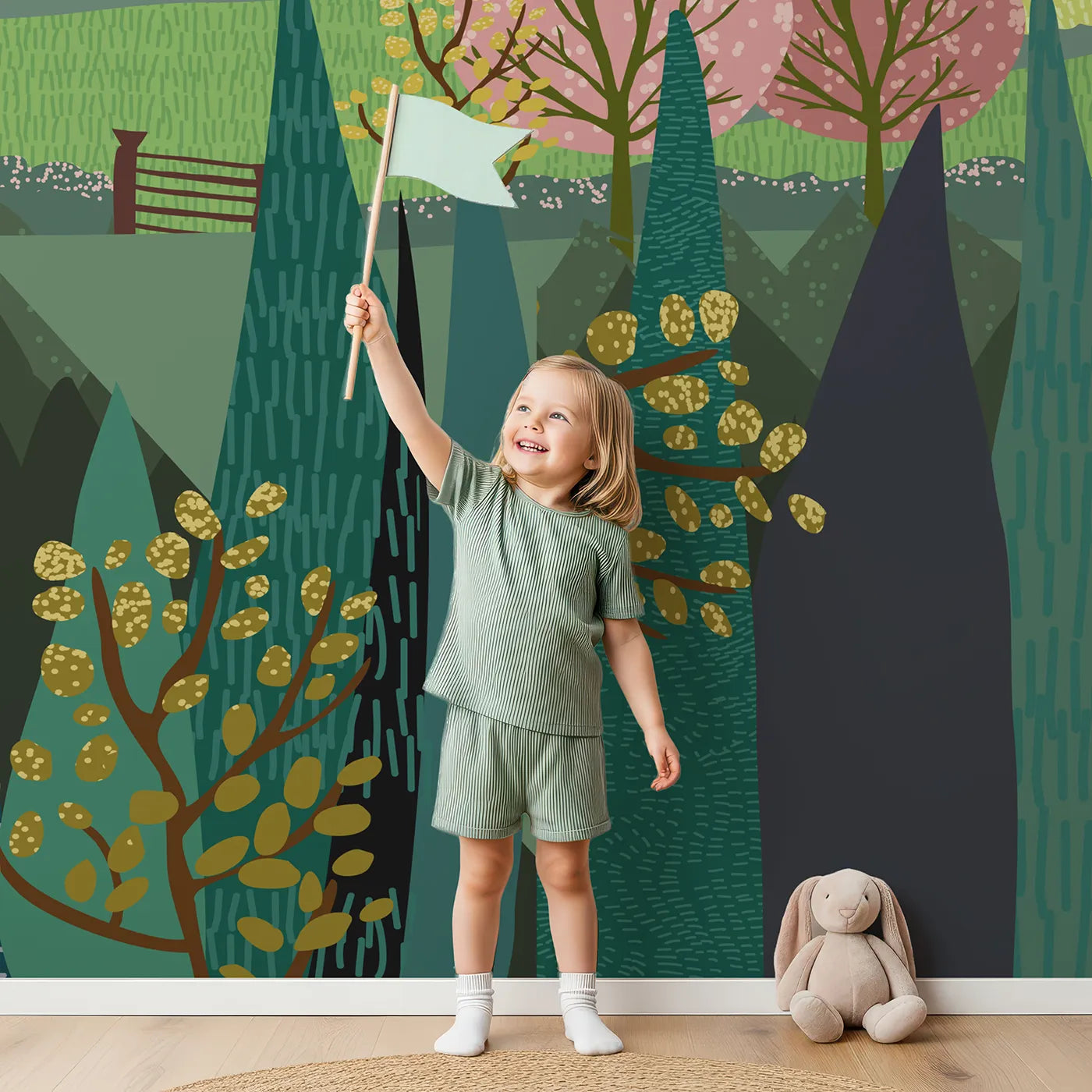Child in front of Whimsy Tots Spring Valley Farms Wall Mural with farm, countryside, hill, tree, house, horse, landscape, spring in design.