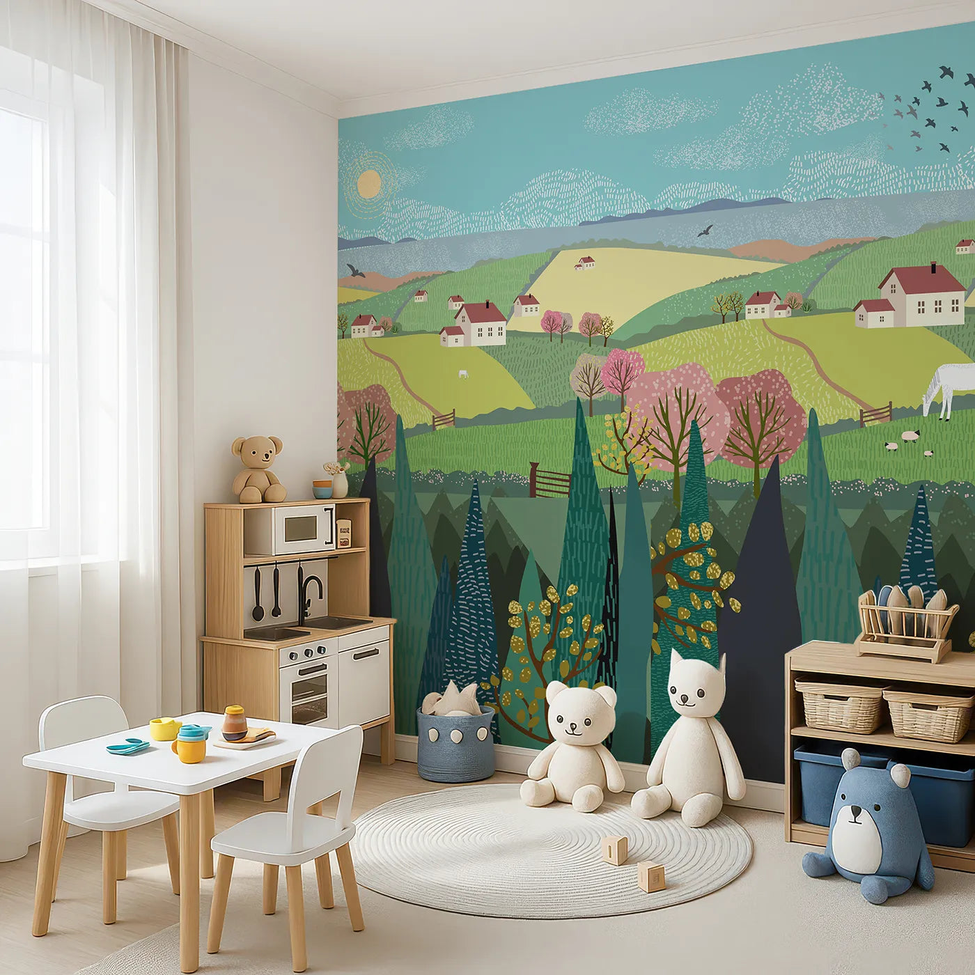 Angled view of Whimsy Tots' Spring Valley Farms Wall Mural (Turn Their Room into a Rolling Countryside Vista).Gender-Neutral