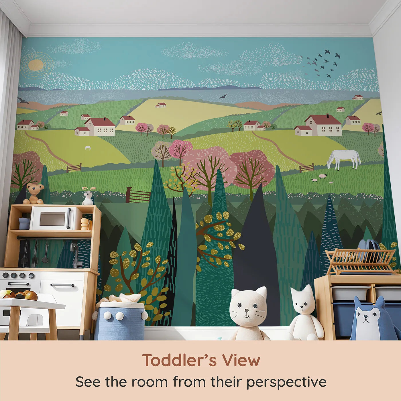 Whimsy Tots Spring Valley Farms Wall Mural (Turn Their Room into a Rolling Countryside Vista) from your child's view.Gender-Neutral