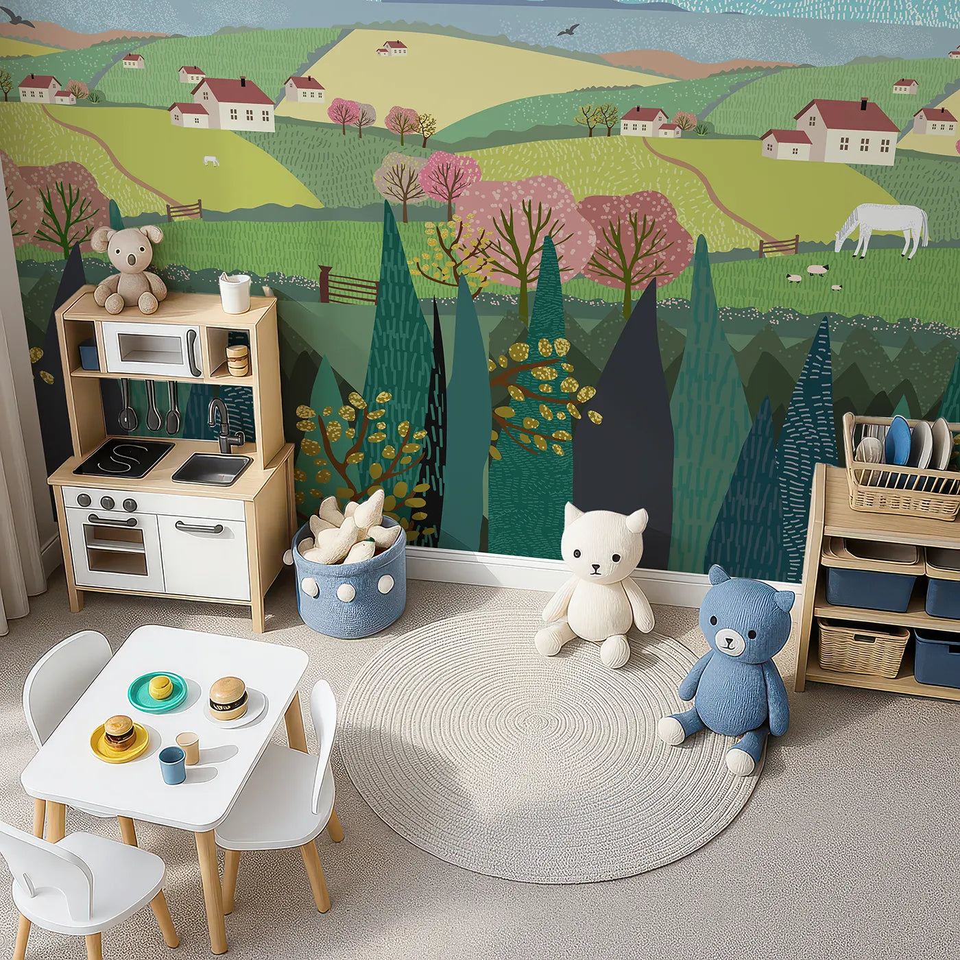 Top-down view of Whimsy Tots' Spring Valley Farms Wall Mural (Turn Their Room into a Rolling Countryside Vista).Gender-Neutral