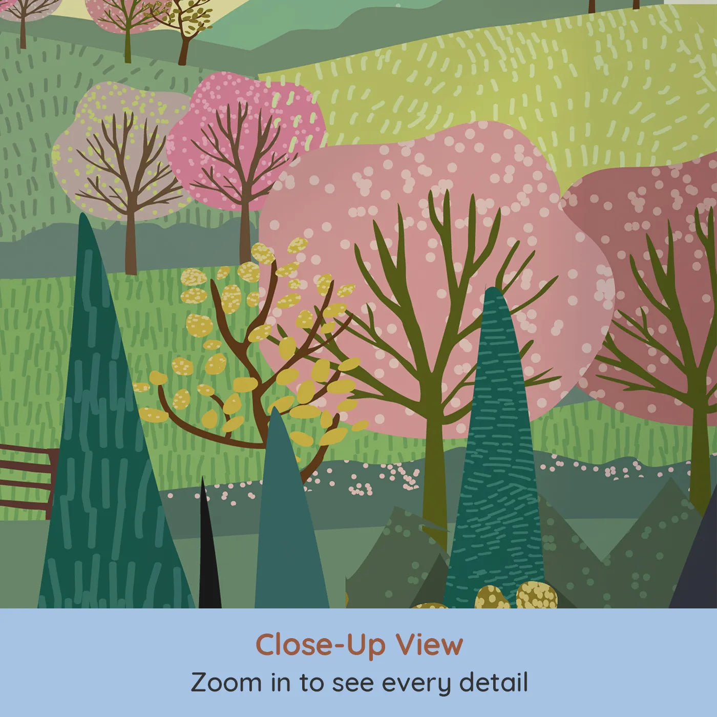Close-up view of Whimsy Tots' Spring Valley Farms Wall Mural (Turn Their Room into a Rolling Countryside Vista).Gender-Neutral