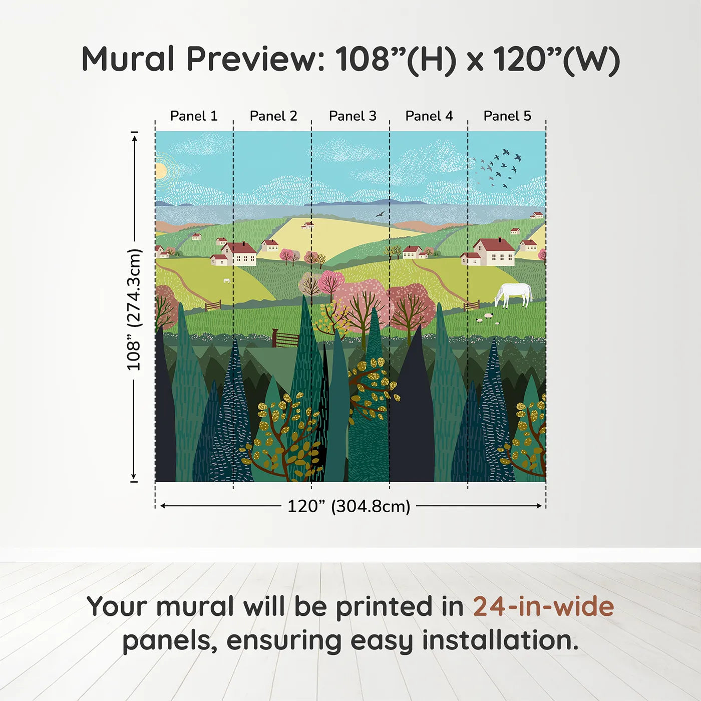 Whimsy Tots Spring Valley Farms Wall Muraldimension view (108" H x 120" W). Printed in five 24-inch-wide panels. Gender-Neutral