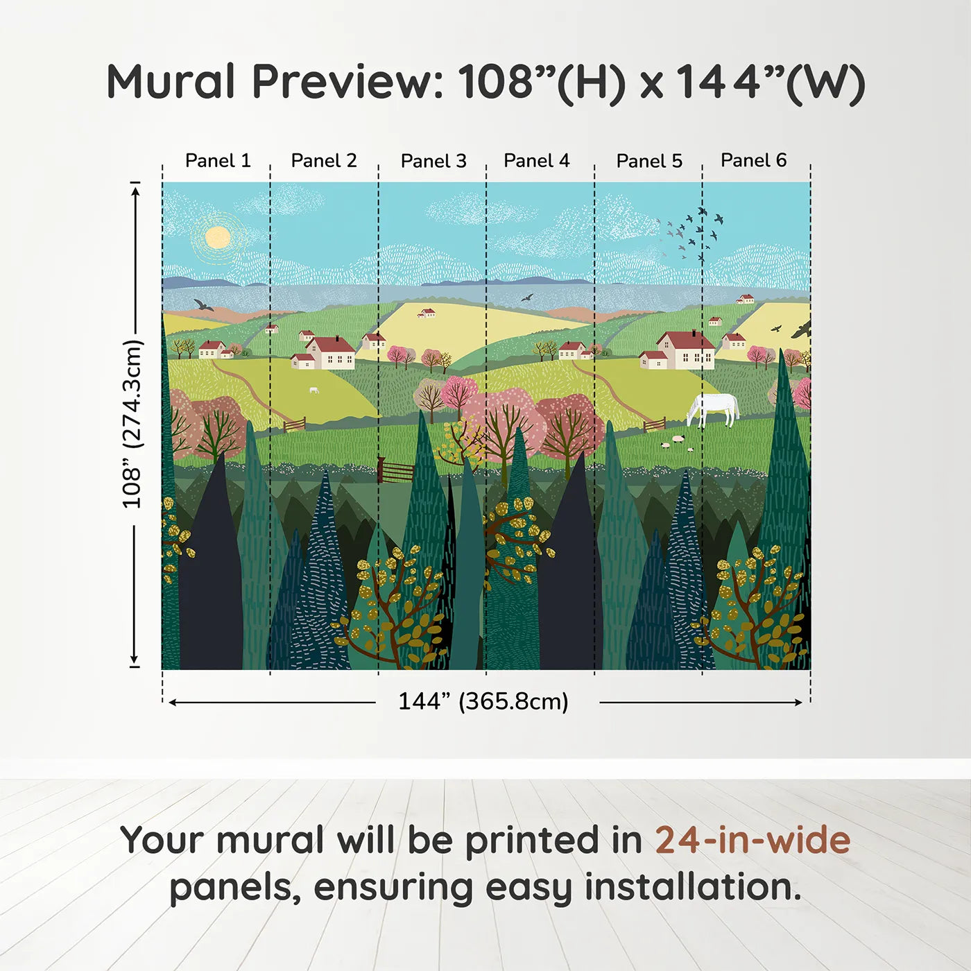 Whimsy Tots Spring Valley Farms Wall Muraldimension view (108" H x 144" W). Printed in six 24-inch-wide panels. Gender-Neutral