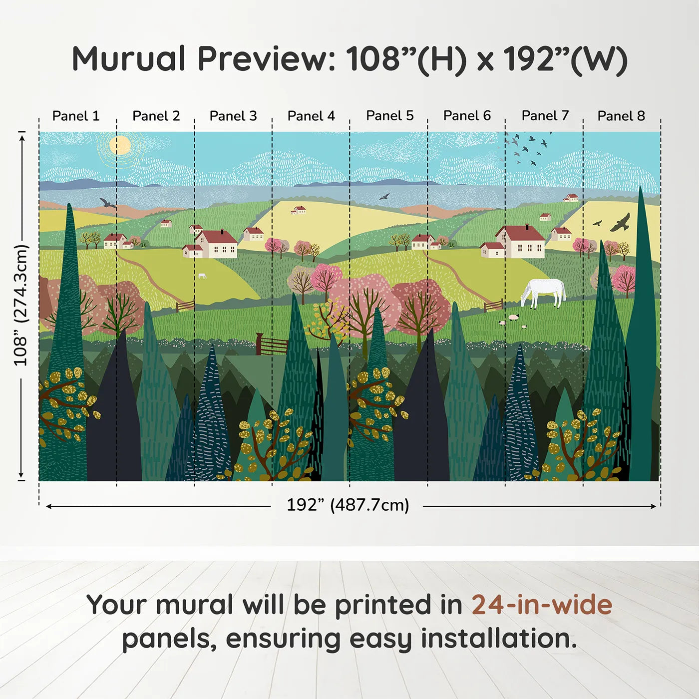 Whimsy Tots Spring Valley Farms Wall Muraldimension view (108" H x 192" W). Printed in eight 24-inch-wide panels. Gender-Neutral