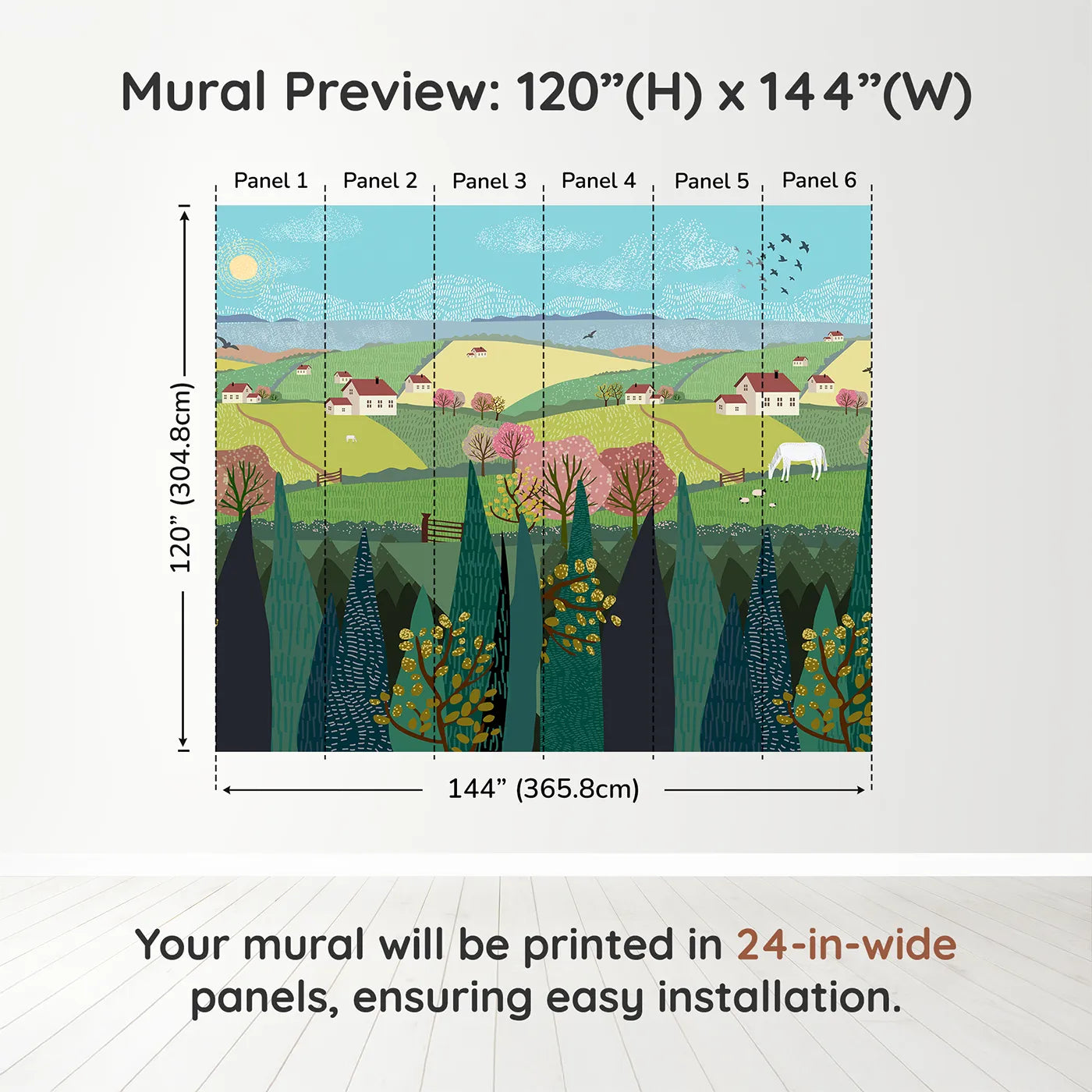 Whimsy Tots Spring Valley Farms Wall Muraldimension view (120" H x 144" W). Printed in six 24-inch-wide panels. Gender-Neutral