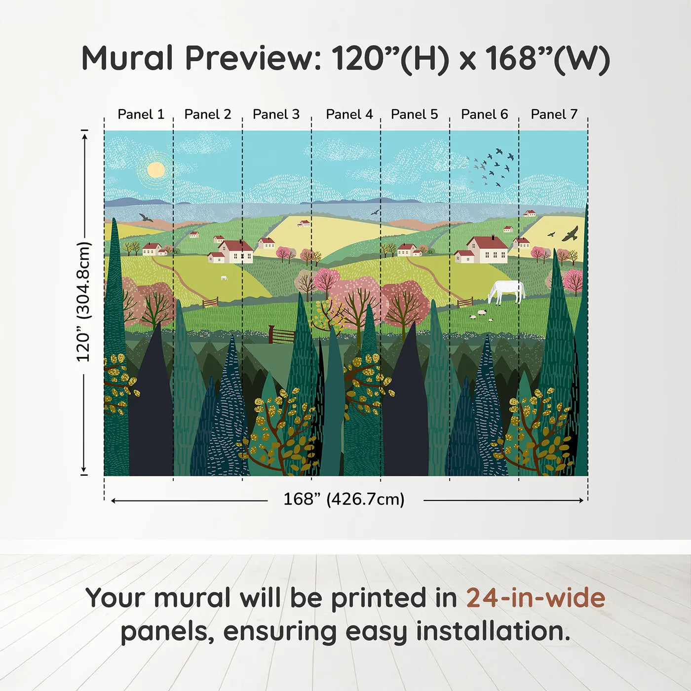 Whimsy Tots Spring Valley Farms Wall Muraldimension view (120" H x 168" W). Printed in seven 24-inch-wide panels. Gender-Neutral