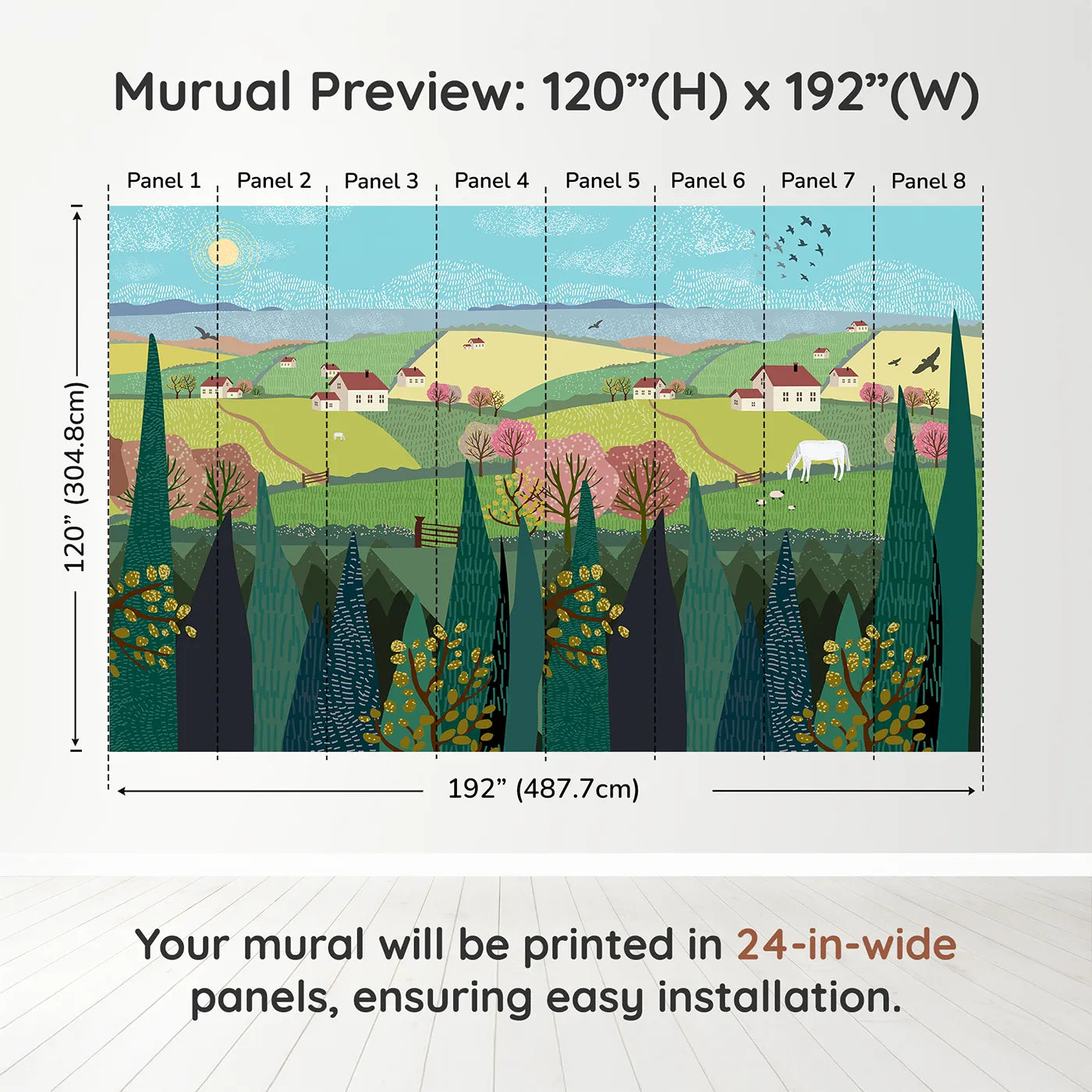 Whimsy Tots Spring Valley Farms Wall Muraldimension view (120" H x 192" W). Printed in eight 24-inch-wide panels. Gender-Neutral