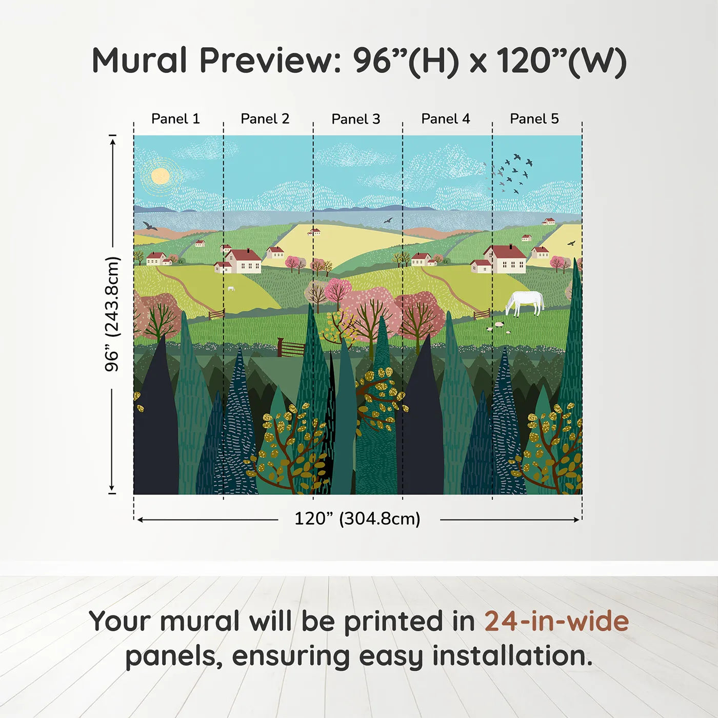 Whimsy Tots Spring Valley Farms Wall Muraldimension view (96" H x 120" W). Printed in five 24-inch-wide panels. Gender-Neutral