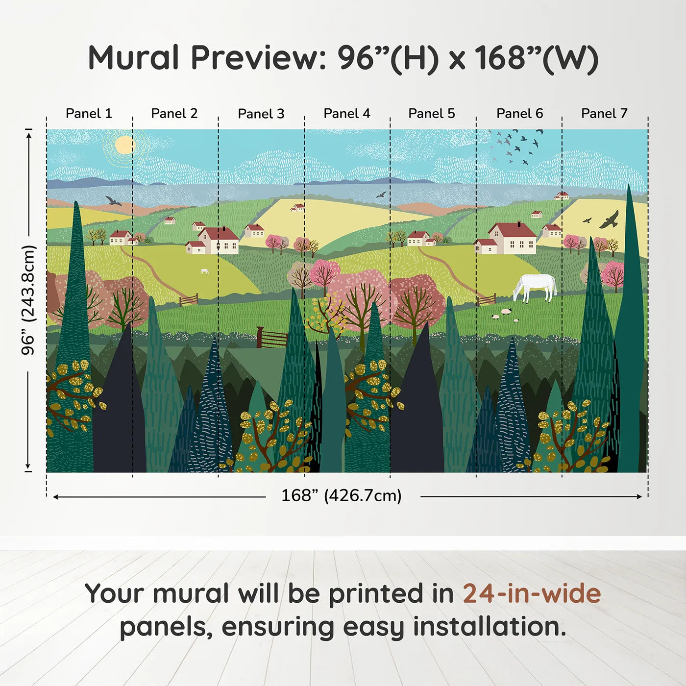 Whimsy Tots Spring Valley Farms Wall Muraldimension view (96" H x 168" W). Printed in seven 24-inch-wide panels. Gender-Neutral