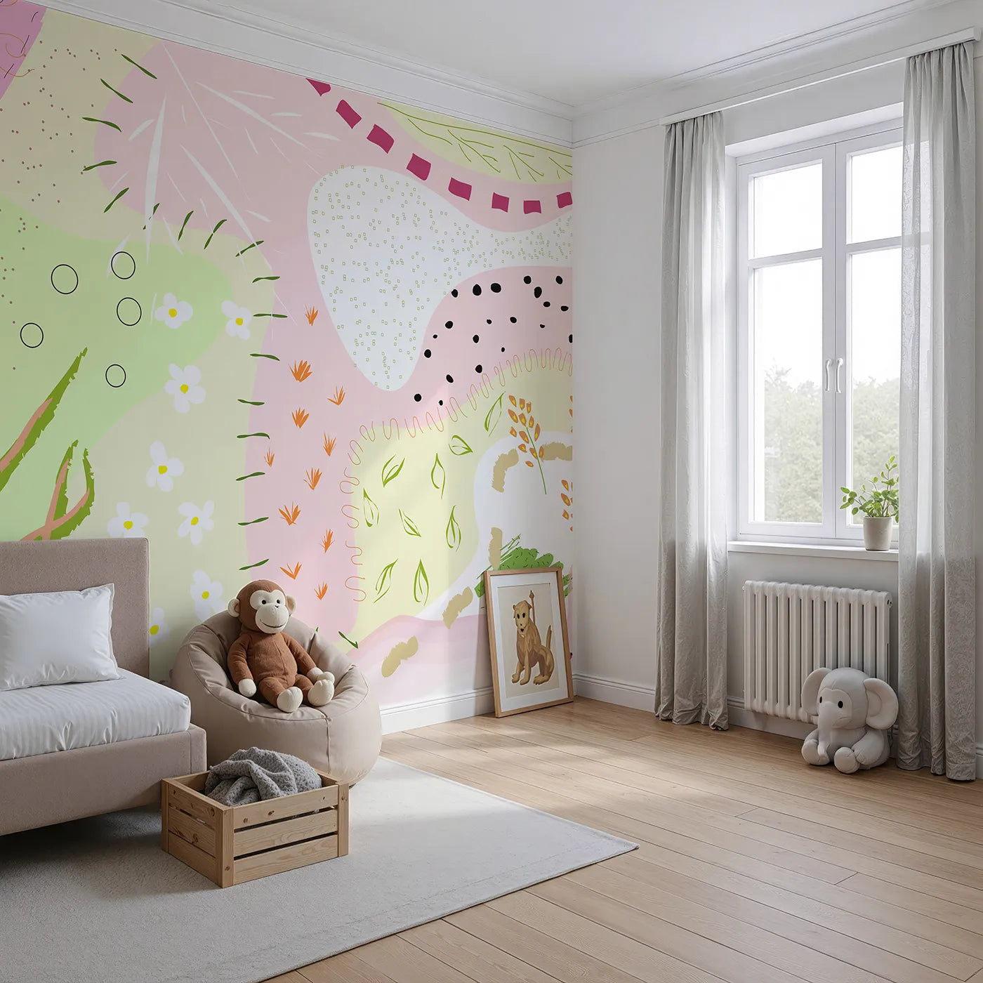 Angled view of Whimsy Tots' Abstract Meadow Doodles Wall Mural (Turn Their Room into a Field of Creative Blooms).Best for Girls