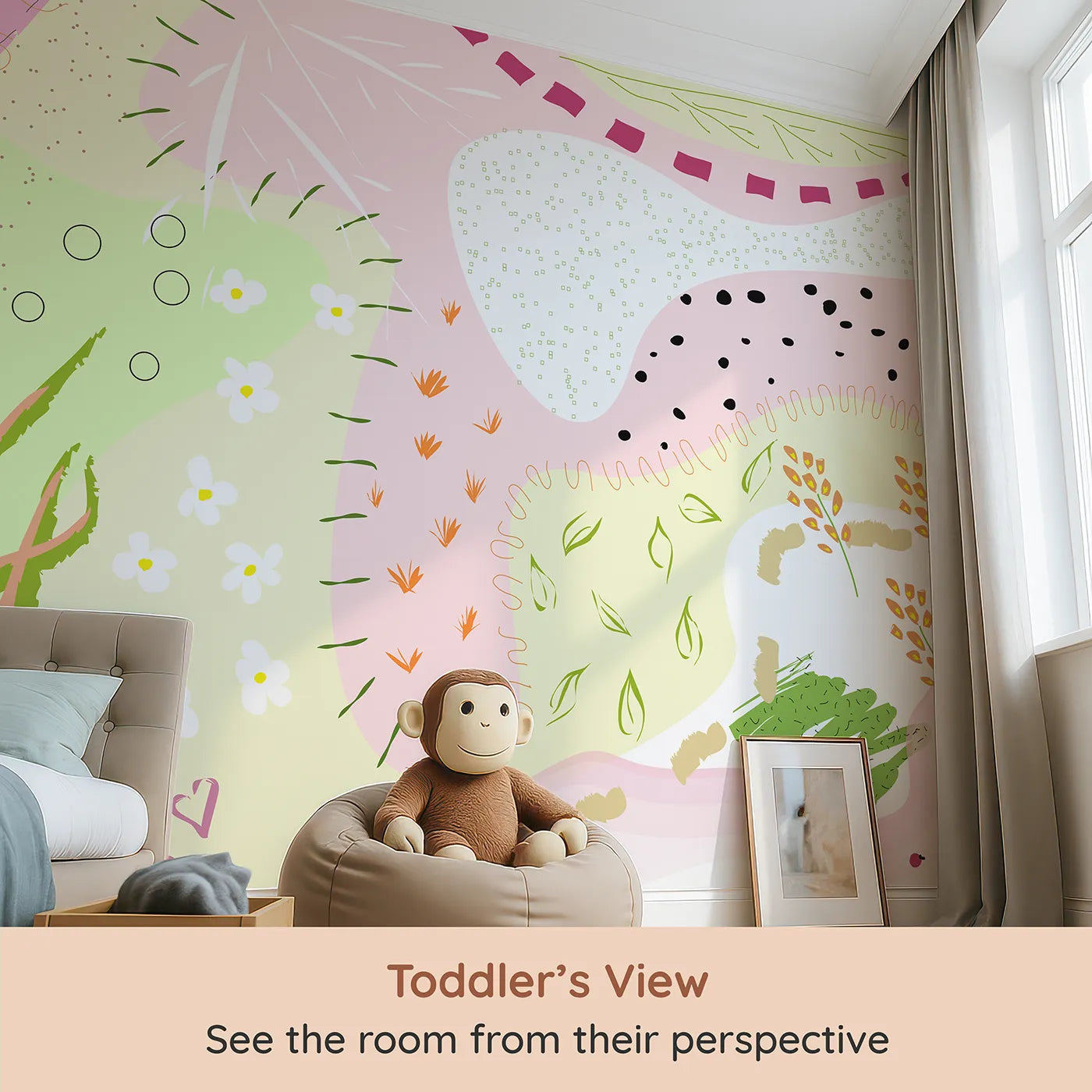 Whimsy Tots Abstract Meadow Doodles Wall Mural (Turn Their Room into a Field of Creative Blooms) from your child's view.Best for Girls