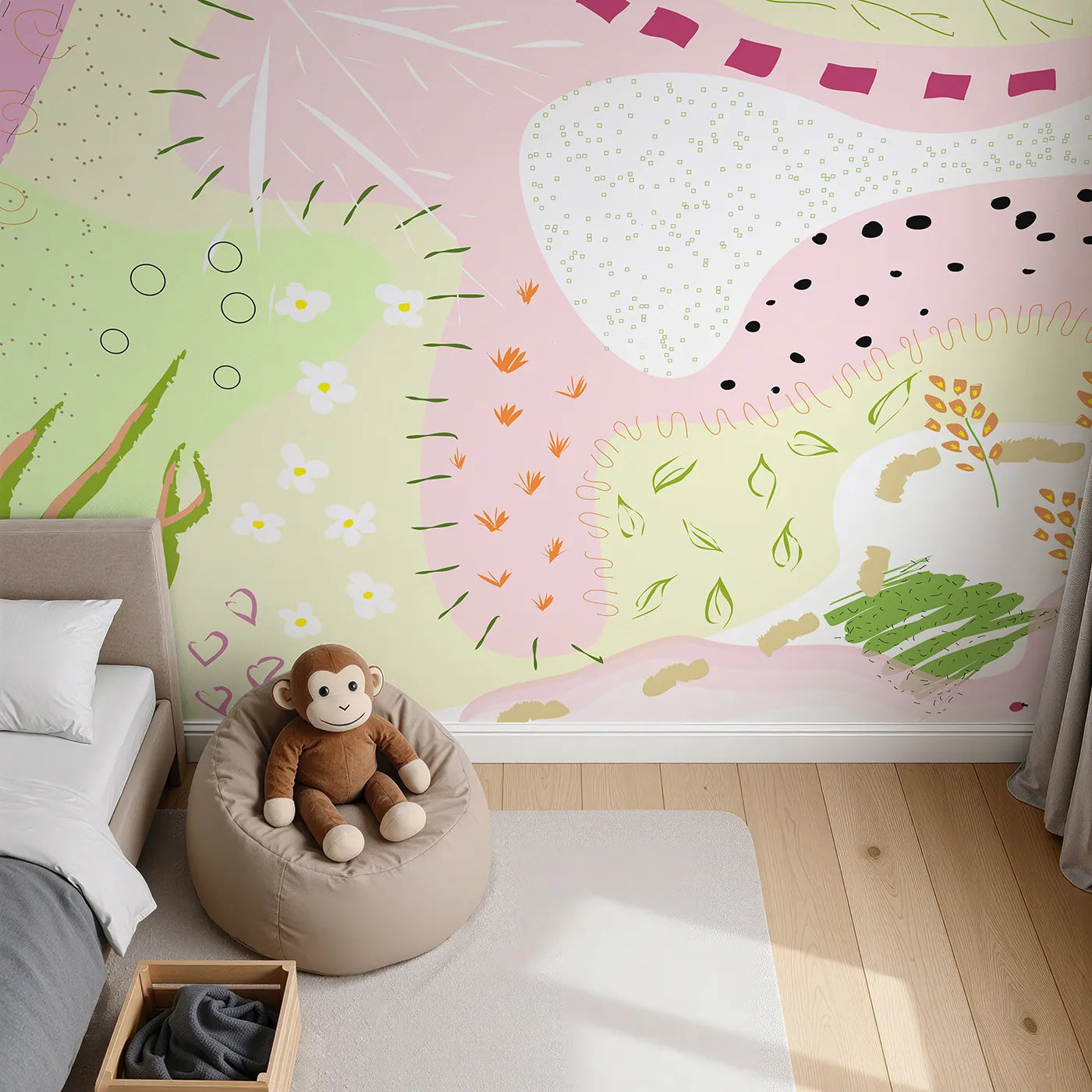Top-down view of Whimsy Tots' Abstract Meadow Doodles Wall Mural (Turn Their Room into a Field of Creative Blooms).Best for Girls