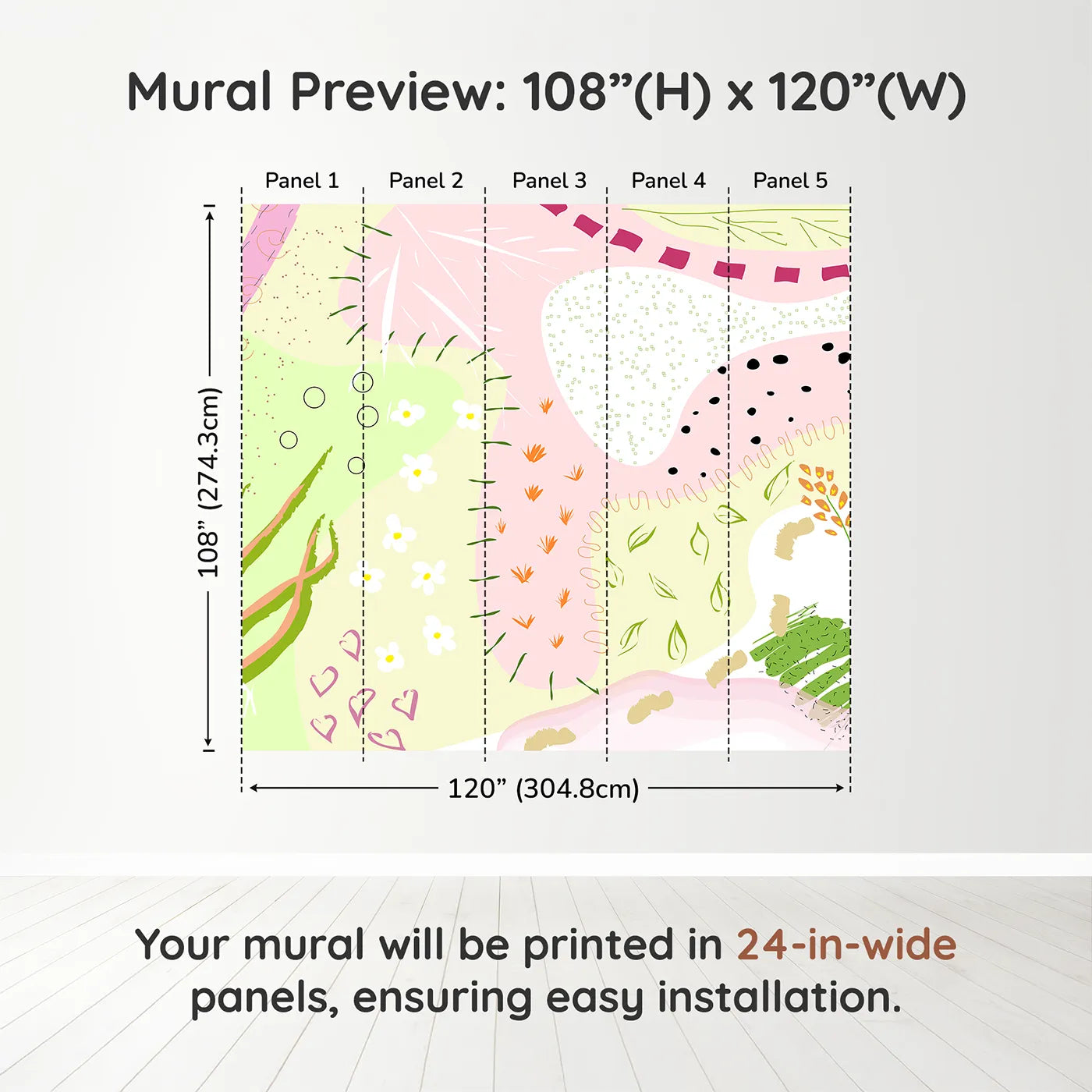 Whimsy Tots Abstract Meadow Doodles Wall Muraldimension view (108" H x 120" W). Printed in five 24-inch-wide panels. Best for Girls