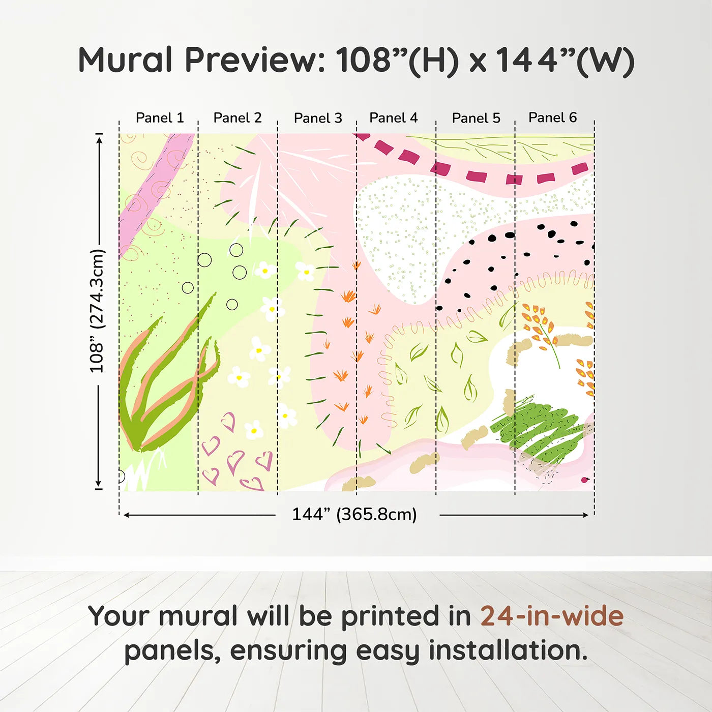 Whimsy Tots Abstract Meadow Doodles Wall Muraldimension view (108" H x 144" W). Printed in six 24-inch-wide panels. Best for Girls