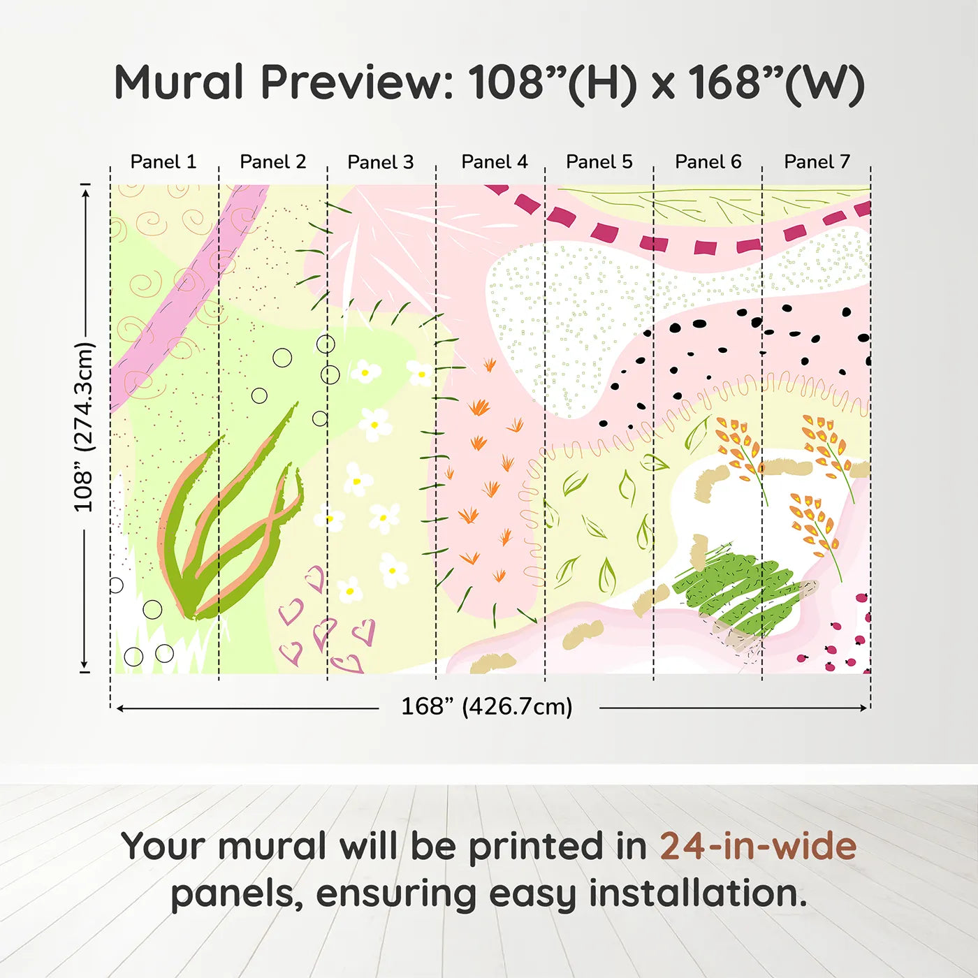 Whimsy Tots Abstract Meadow Doodles Wall Muraldimension view (108" H x 168" W). Printed in seven 24-inch-wide panels. Best for Girls