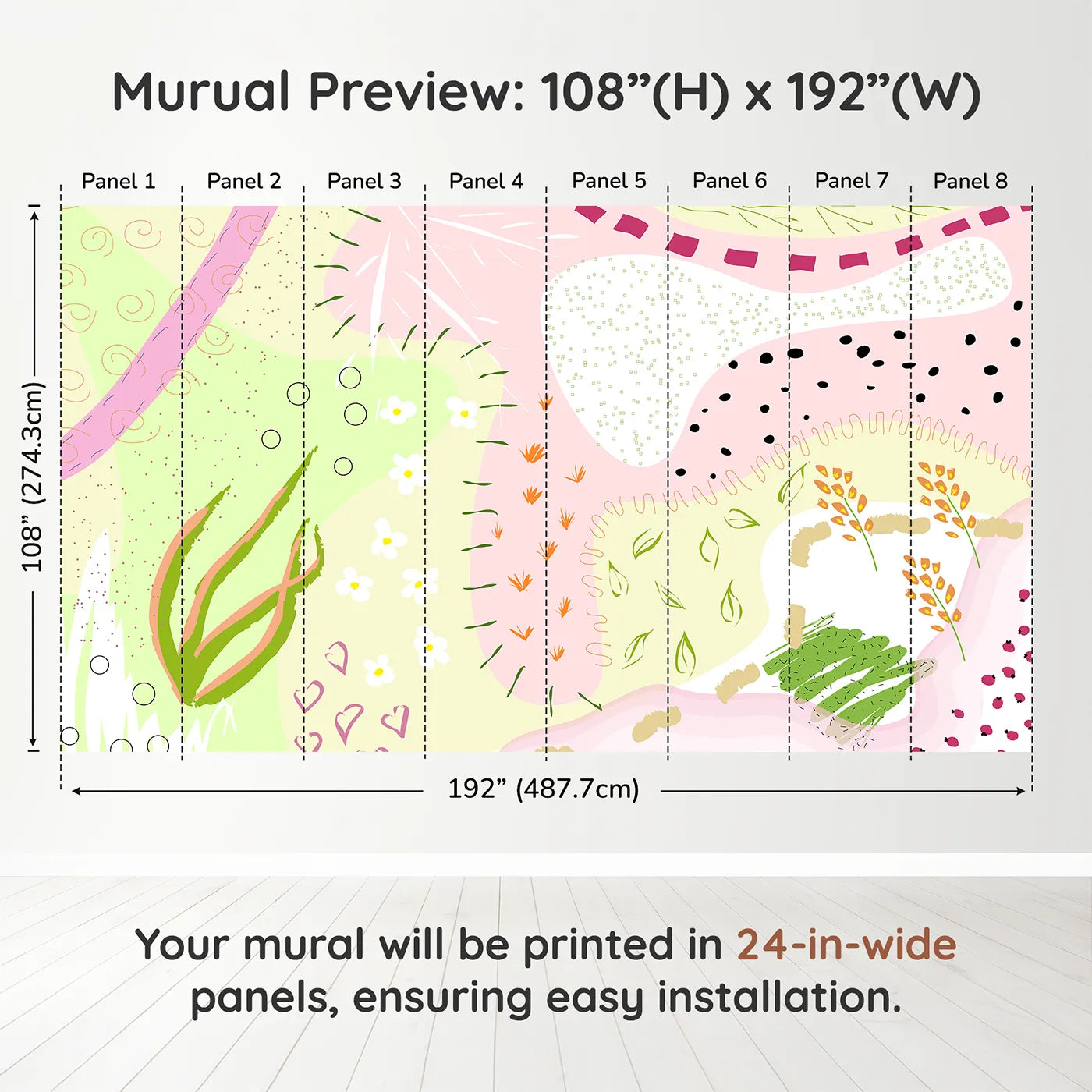 Whimsy Tots Abstract Meadow Doodles Wall Muraldimension view (108" H x 192" W). Printed in eight 24-inch-wide panels. Best for Girls