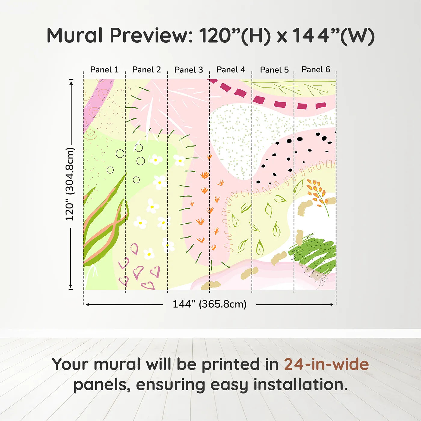 Whimsy Tots Abstract Meadow Doodles Wall Muraldimension view (120" H x 144" W). Printed in six 24-inch-wide panels. Best for Girls