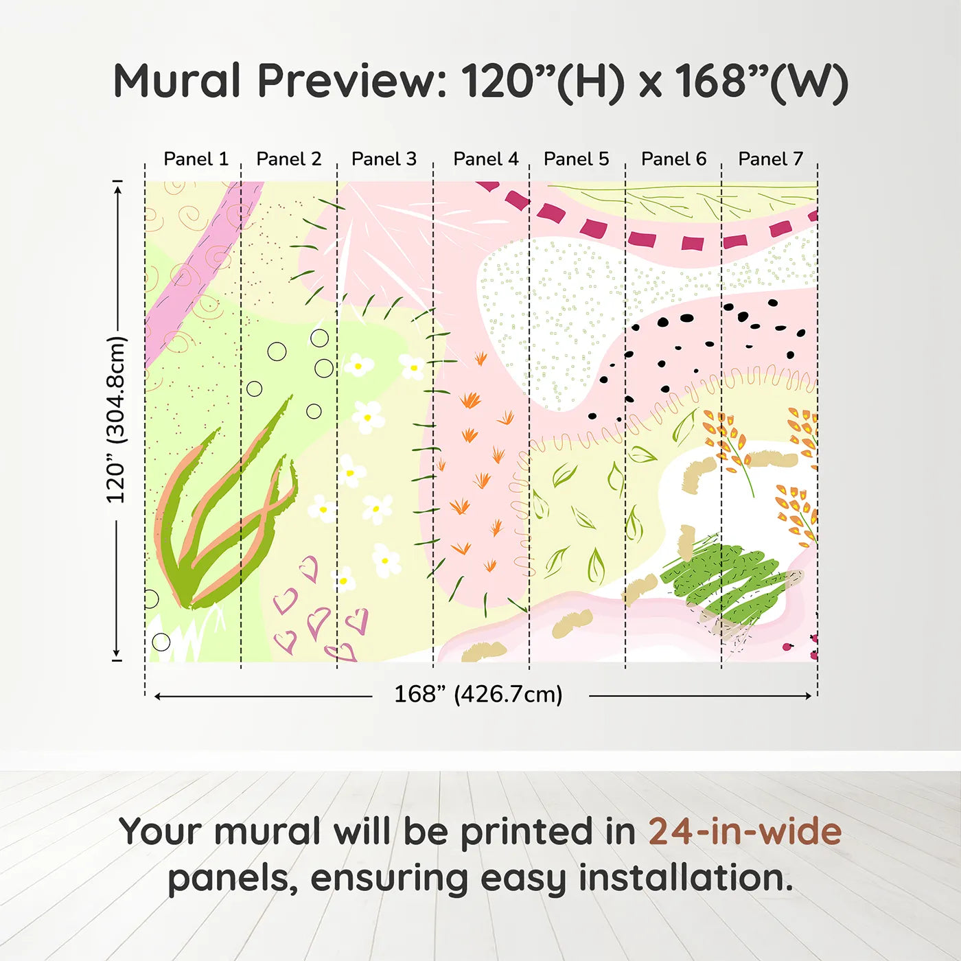 Whimsy Tots Abstract Meadow Doodles Wall Muraldimension view (120" H x 168" W). Printed in seven 24-inch-wide panels. Best for Girls