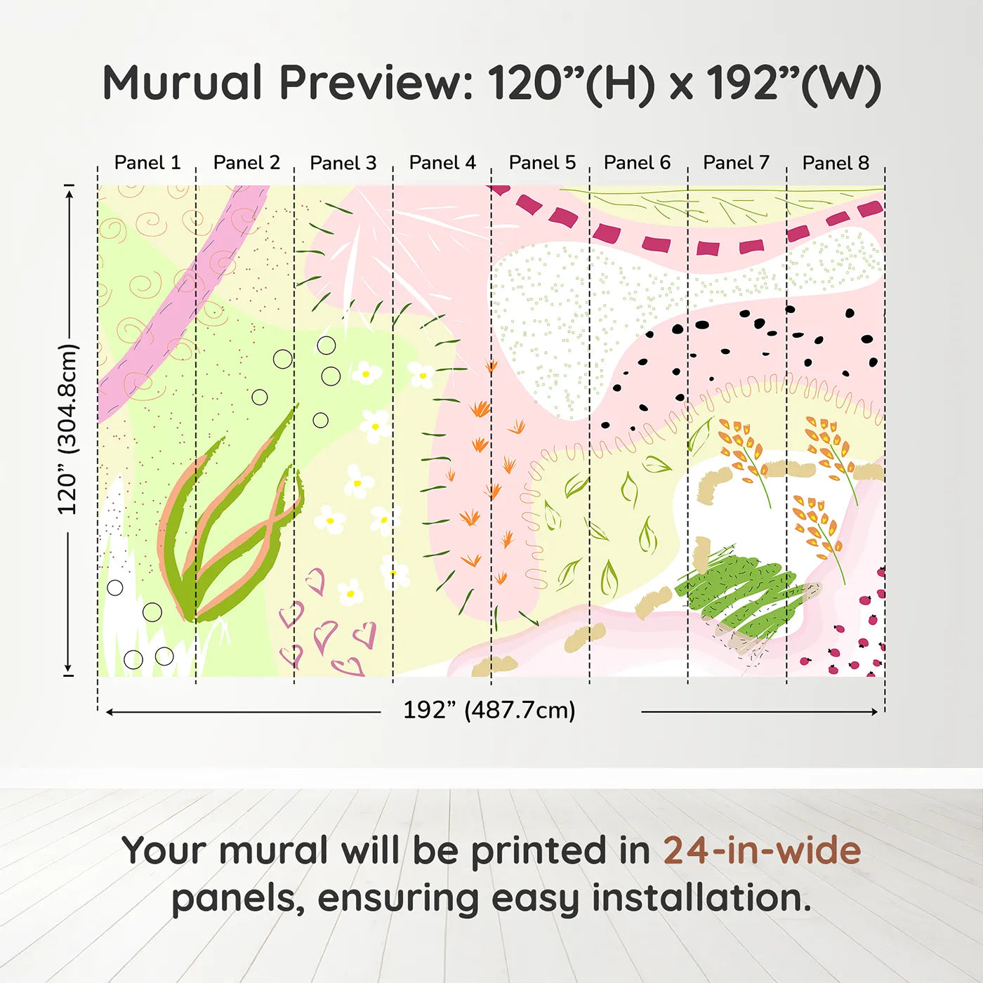 Whimsy Tots Abstract Meadow Doodles Wall Muraldimension view (120" H x 192" W). Printed in eight 24-inch-wide panels. Best for Girls