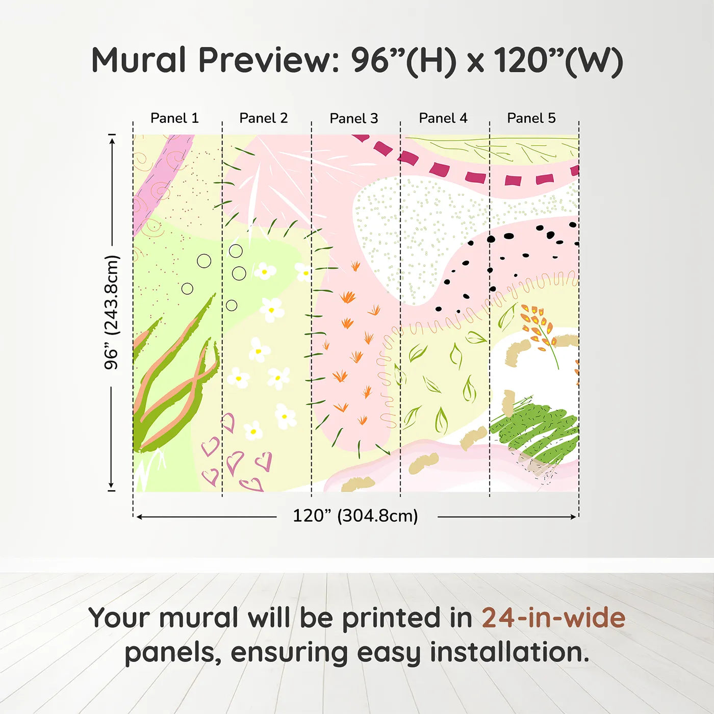Whimsy Tots Abstract Meadow Doodles Wall Muraldimension view (96" H x 120" W). Printed in five 24-inch-wide panels. Best for Girls