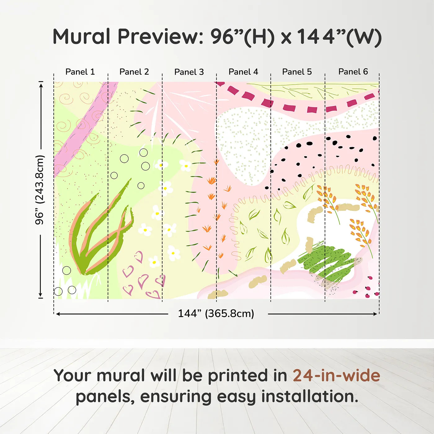 Whimsy Tots Abstract Meadow Doodles Wall Muraldimension view (96" H x 144" W). Printed in six 24-inch-wide panels. Best for Girls