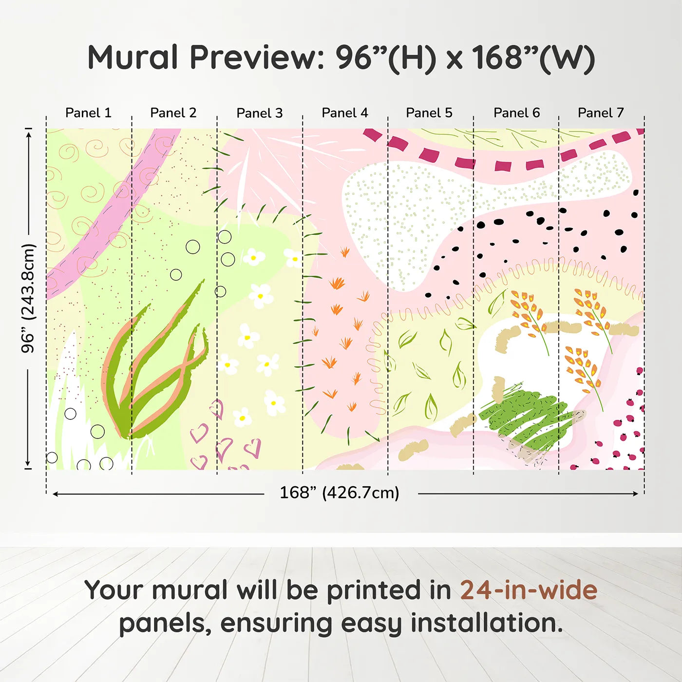 Whimsy Tots Abstract Meadow Doodles Wall Muraldimension view (96" H x 168" W). Printed in seven 24-inch-wide panels. Best for Girls