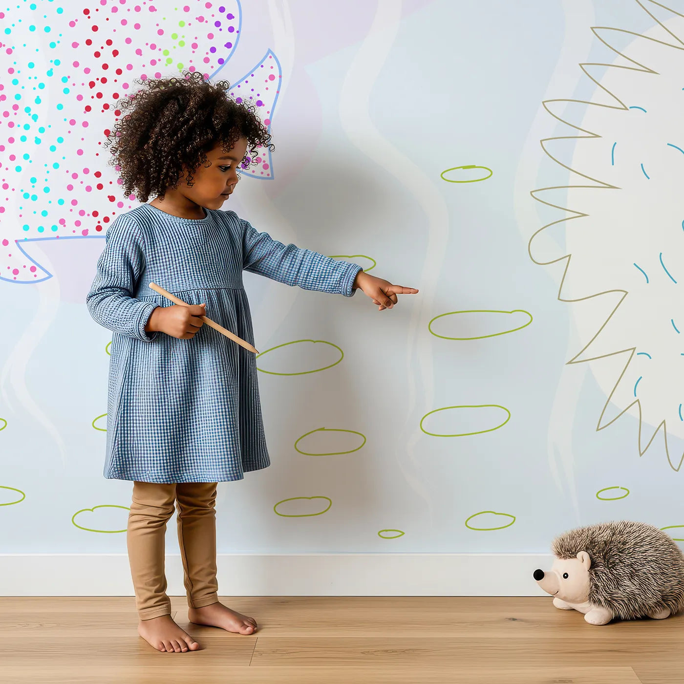 Child in front of Whimsy Tots Dotted Fish Friends Wall Mural with fish, ocean, sea, abstract, dot, pastel, underwater, animal in design.