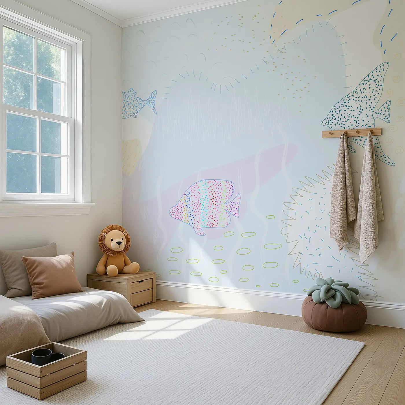 Angled view of Whimsy Tots' Dotted Fish Friends Wall Mural (Turn Their Room into a Quirky Underwater World).Gender-Neutral