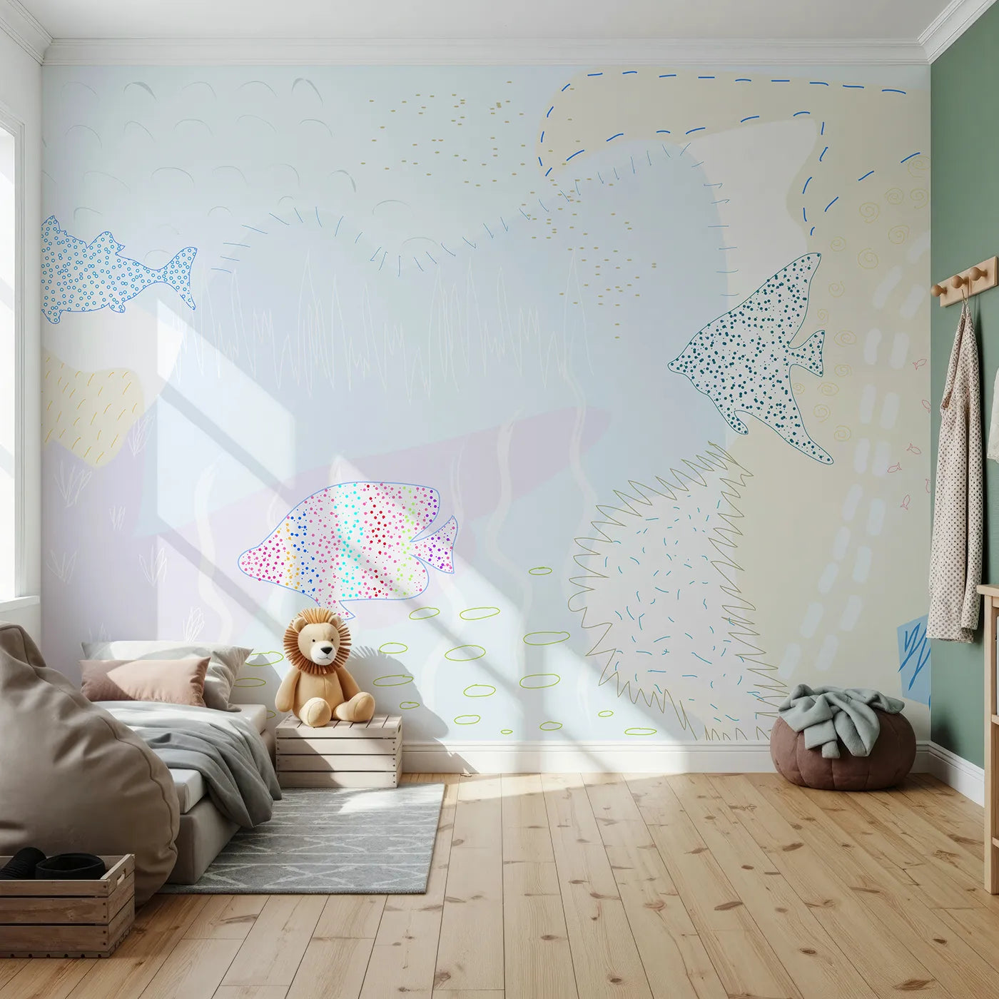 Front view of Whimsy Tots' Dotted Fish Friends Wall Mural