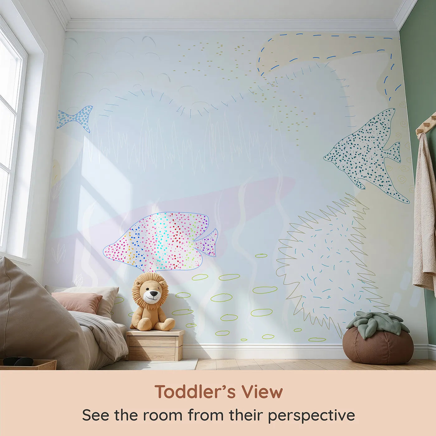 Whimsy Tots Dotted Fish Friends Wall Mural (Turn Their Room into a Quirky Underwater World) from your child's view.Gender-Neutral