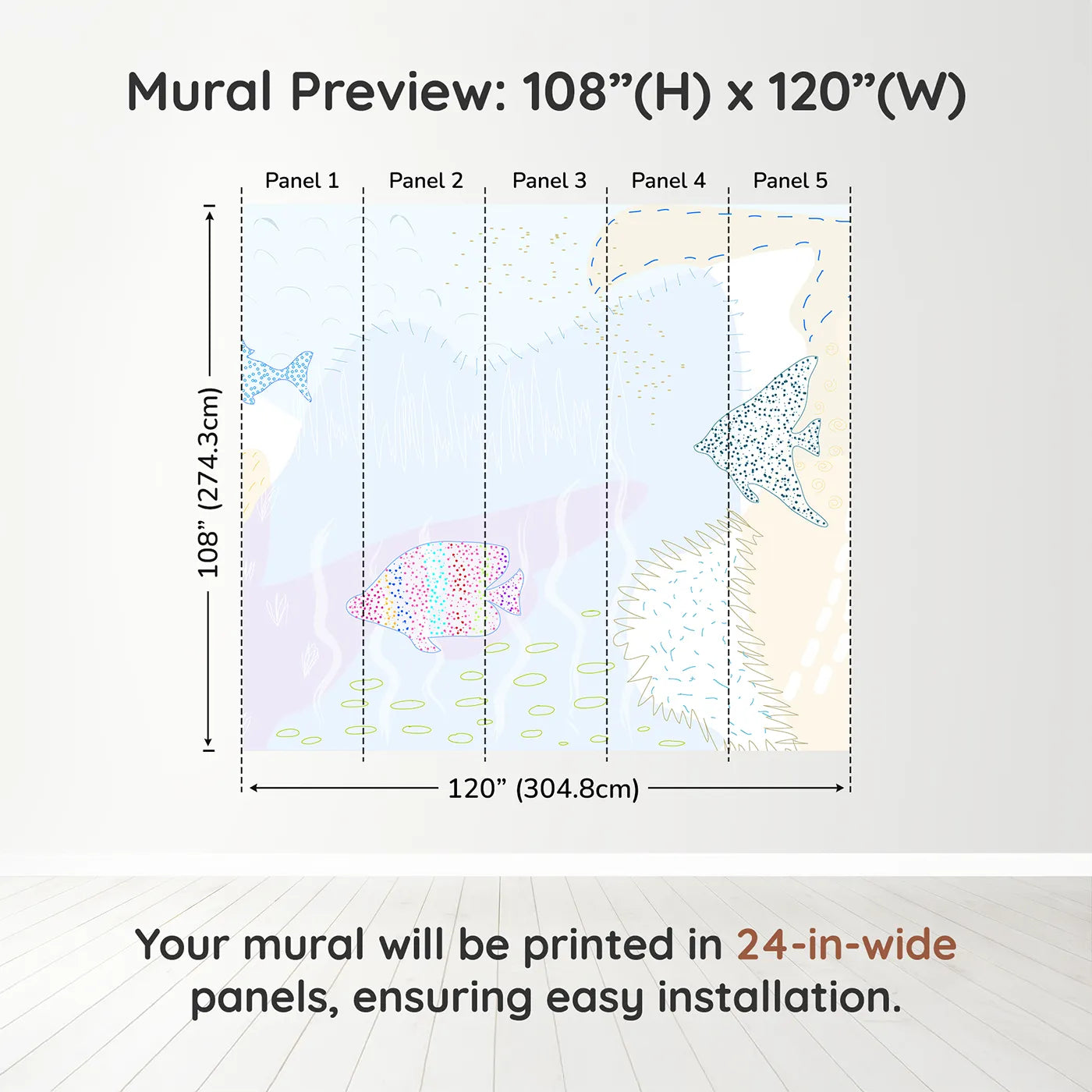 Whimsy Tots Dotted Fish Friends Wall Muraldimension view (108" H x 120" W). Printed in five 24-inch-wide panels. Gender-Neutral