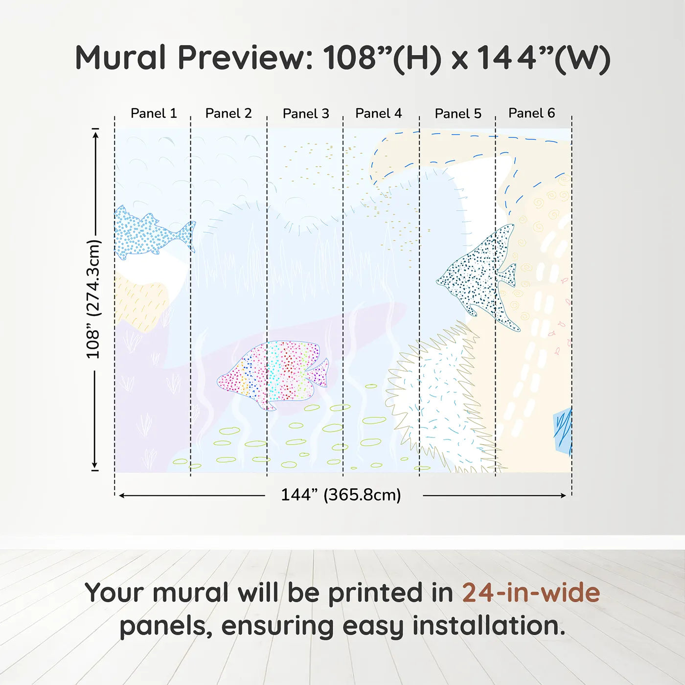 Whimsy Tots Dotted Fish Friends Wall Muraldimension view (108" H x 144" W). Printed in six 24-inch-wide panels. Gender-Neutral