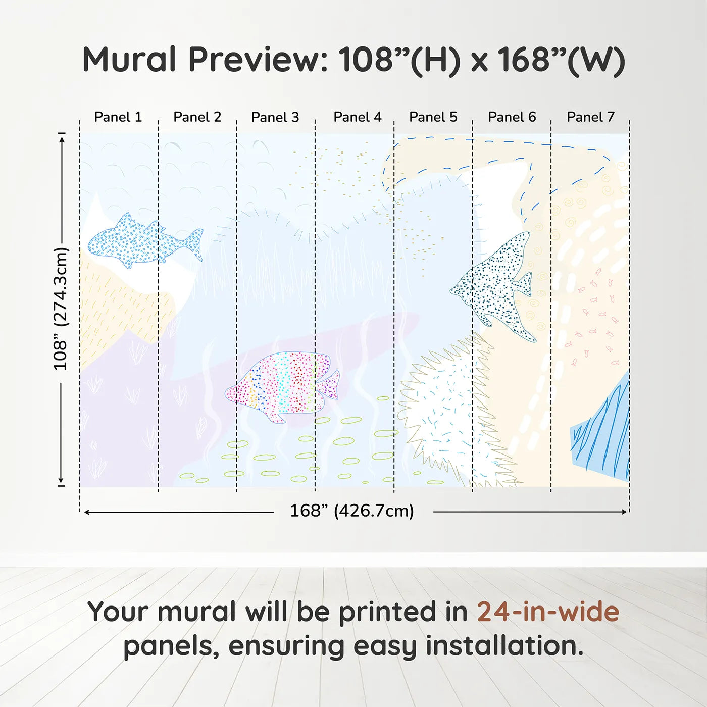 Whimsy Tots Dotted Fish Friends Wall Muraldimension view (108" H x 168" W). Printed in seven 24-inch-wide panels. Gender-Neutral