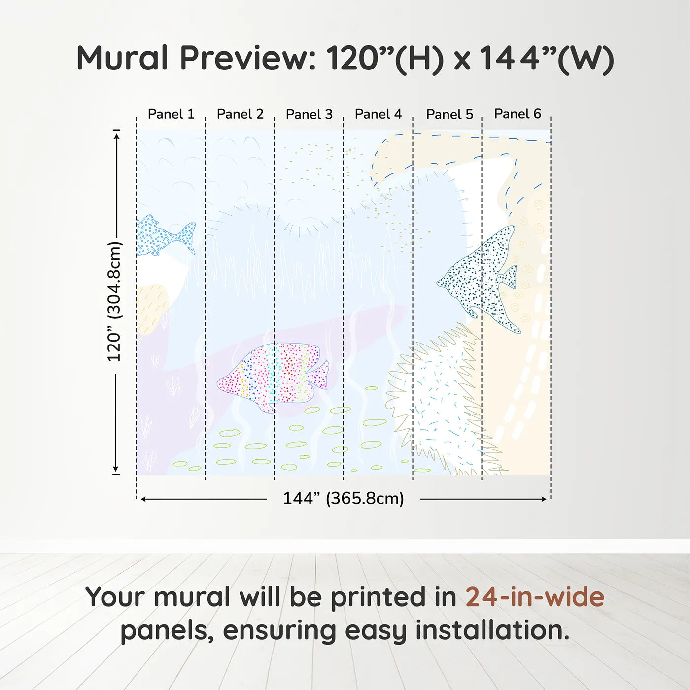 Whimsy Tots Dotted Fish Friends Wall Muraldimension view (120" H x 144" W). Printed in six 24-inch-wide panels. Gender-Neutral
