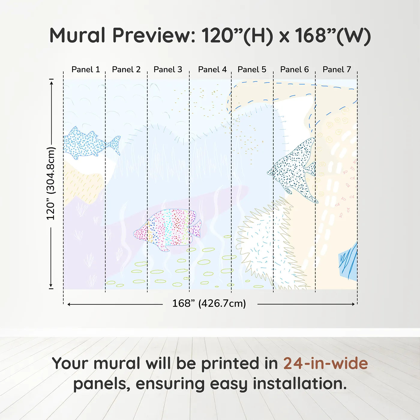 Whimsy Tots Dotted Fish Friends Wall Muraldimension view (120" H x 168" W). Printed in seven 24-inch-wide panels. Gender-Neutral