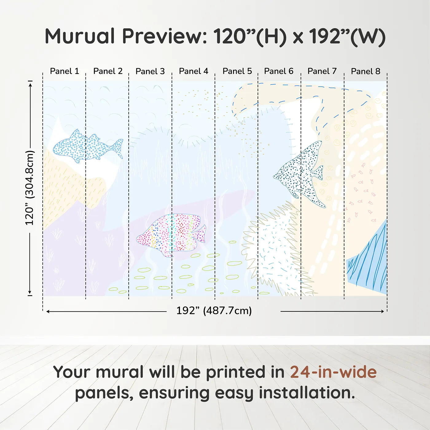 Whimsy Tots Dotted Fish Friends Wall Muraldimension view (120" H x 192" W). Printed in eight 24-inch-wide panels. Gender-Neutral