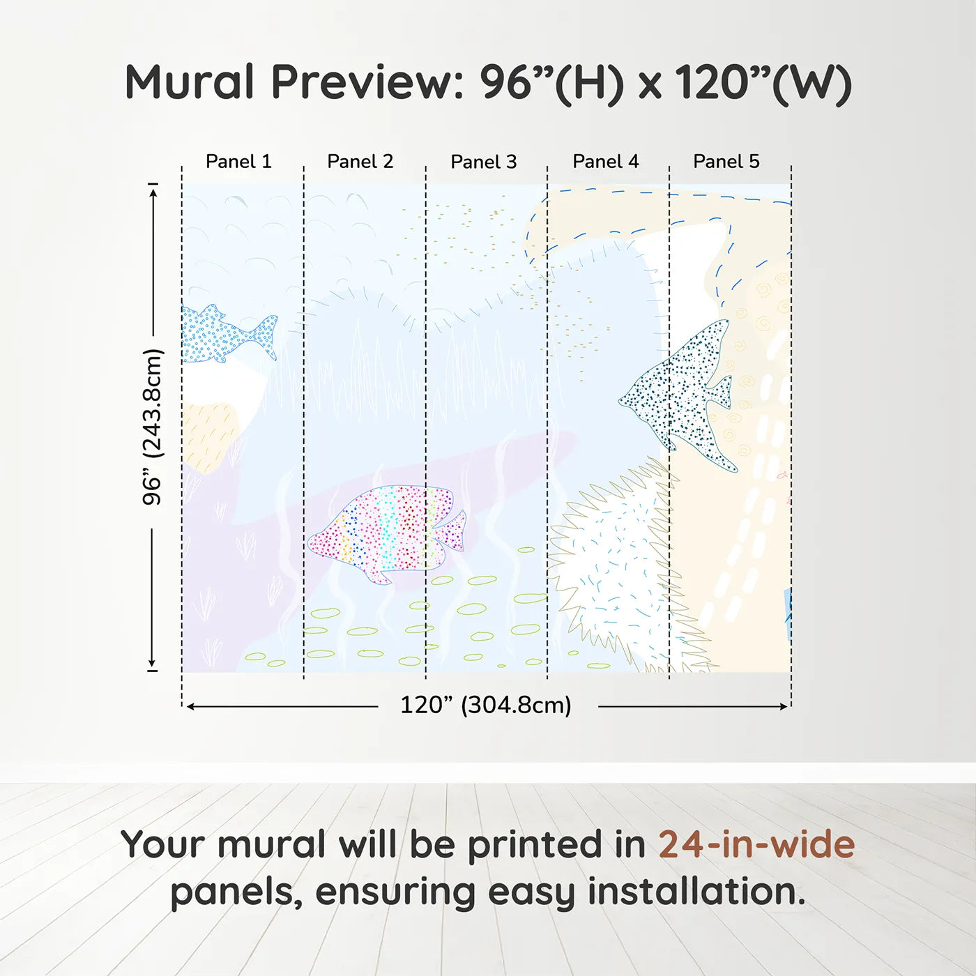 Whimsy Tots Dotted Fish Friends Wall Muraldimension view (96" H x 120" W). Printed in five 24-inch-wide panels. Gender-Neutral