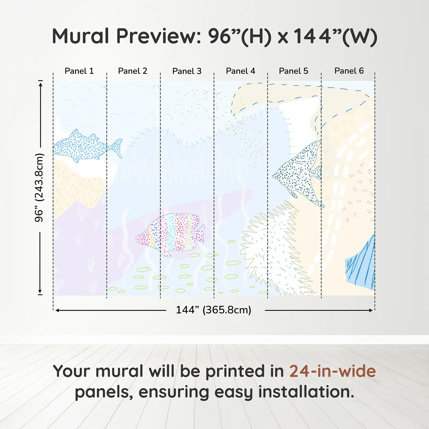 Whimsy Tots Dotted Fish Friends Wall Muraldimension view (96" H x 144" W). Printed in six 24-inch-wide panels. Gender-Neutral