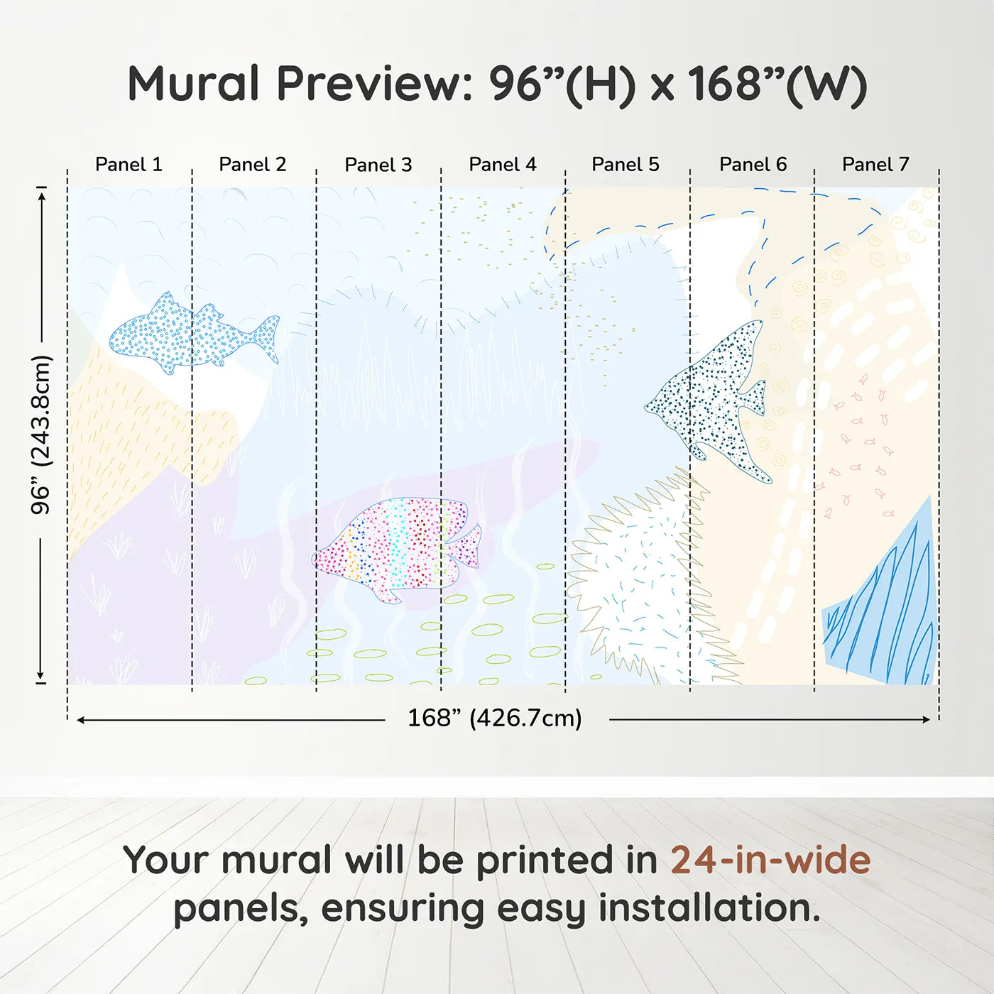 Whimsy Tots Dotted Fish Friends Wall Muraldimension view (96" H x 168" W). Printed in seven 24-inch-wide panels. Gender-Neutral