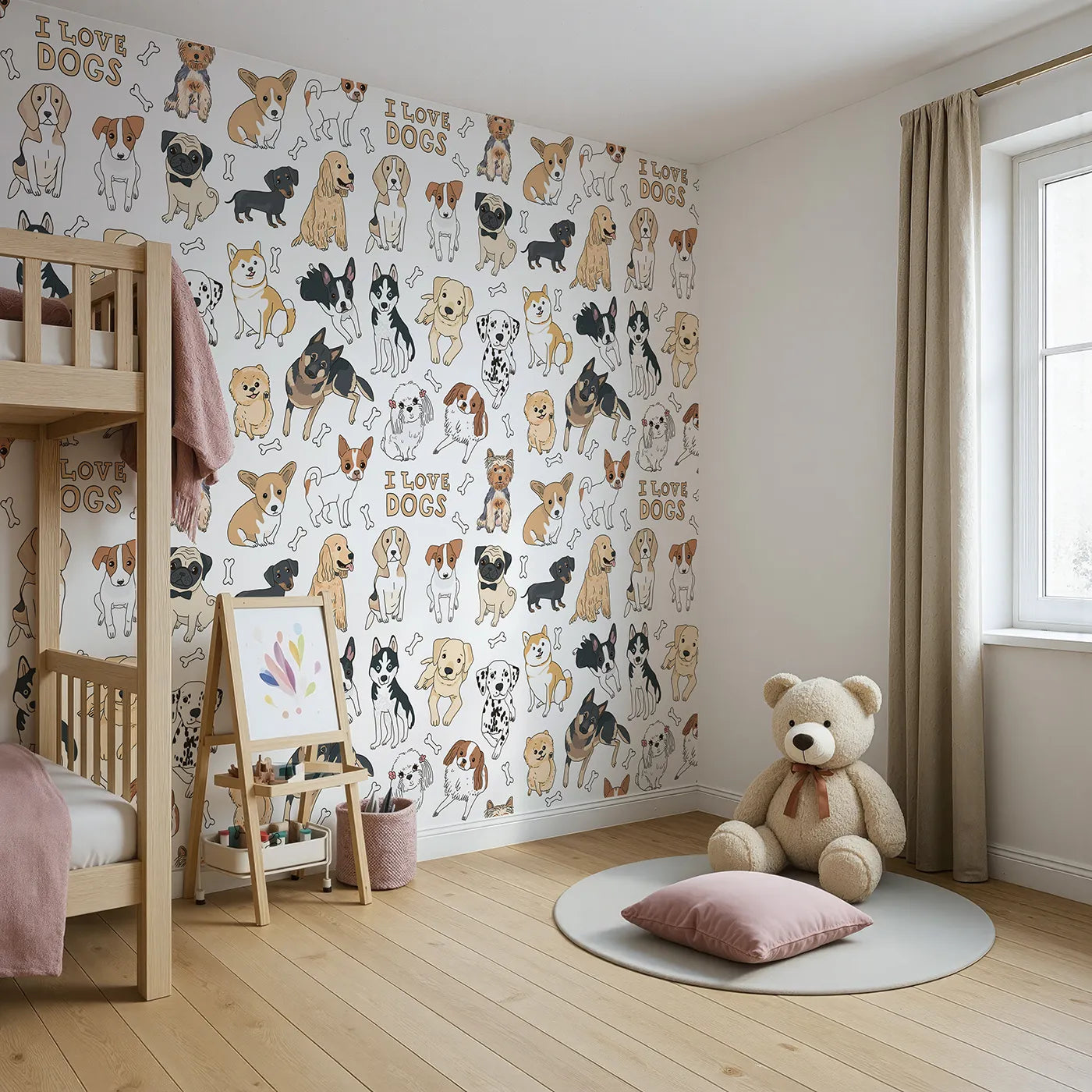 Angled view of Whimsy Tots' I Love Dogs Wall Mural (Turn Their Room into a Paradise for Puppy Lovers).Gender-Neutral