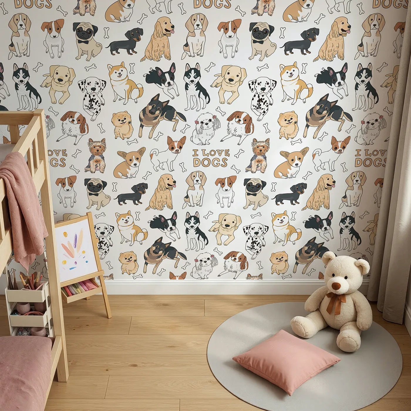 Top-down view of Whimsy Tots' I Love Dogs Wall Mural (Turn Their Room into a Paradise for Puppy Lovers).Gender-Neutral