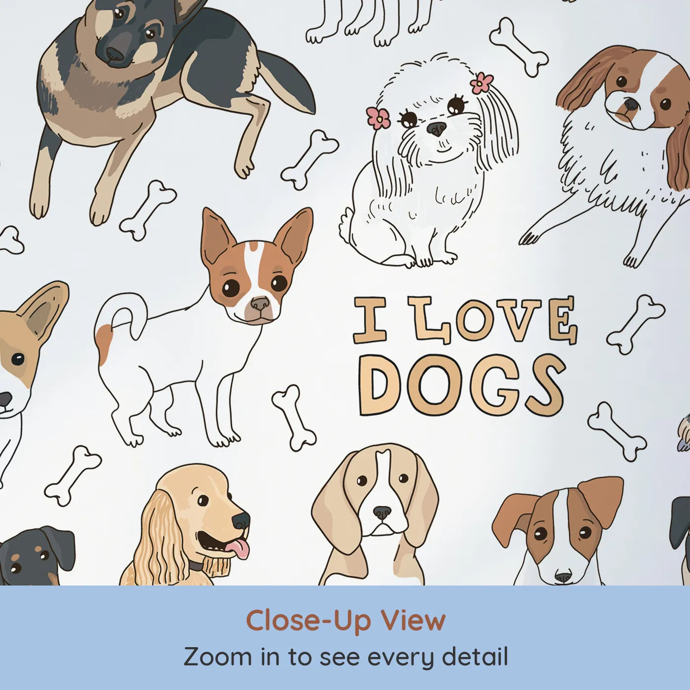 Close-up view of Whimsy Tots' I Love Dogs Wall Mural (Turn Their Room into a Paradise for Puppy Lovers).Gender-Neutral