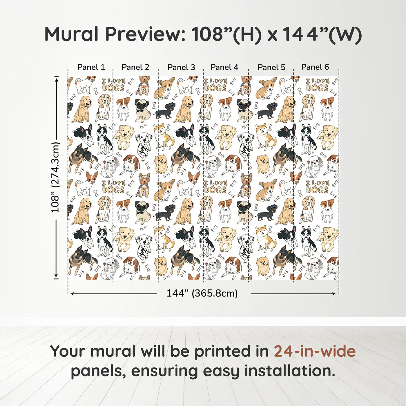 Whimsy Tots I Love Dogs Wall Muraldimension view (108" H x 144" W). Printed in six 24-inch-wide panels. Gender-Neutral
