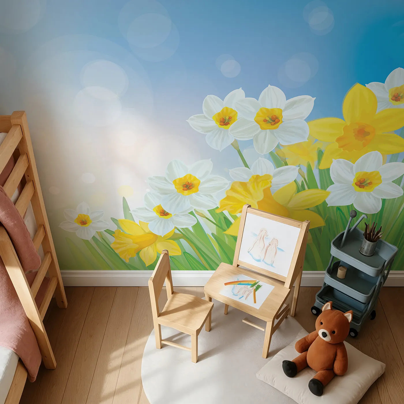 Top-down view of Whimsy Tots' Spring Daffodils Wall Mural (Turn Their Room into a Bright and Sunny Spring Day).Gender-Neutral