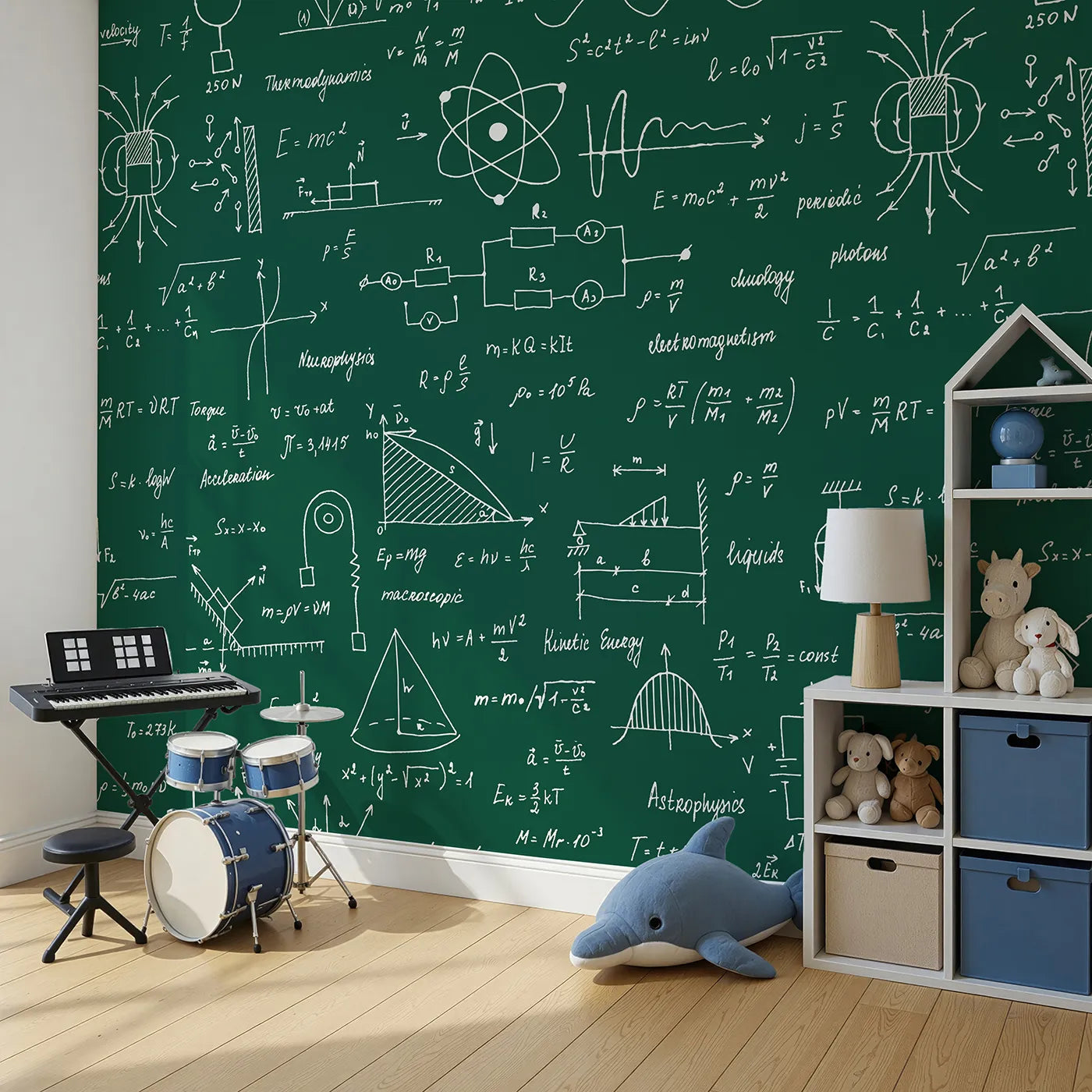 Angled view of Whimsy Tots' Physics Chalkboard Wall Mural (Turn Their Room into a Genius's Laboratory).Gender-Neutral