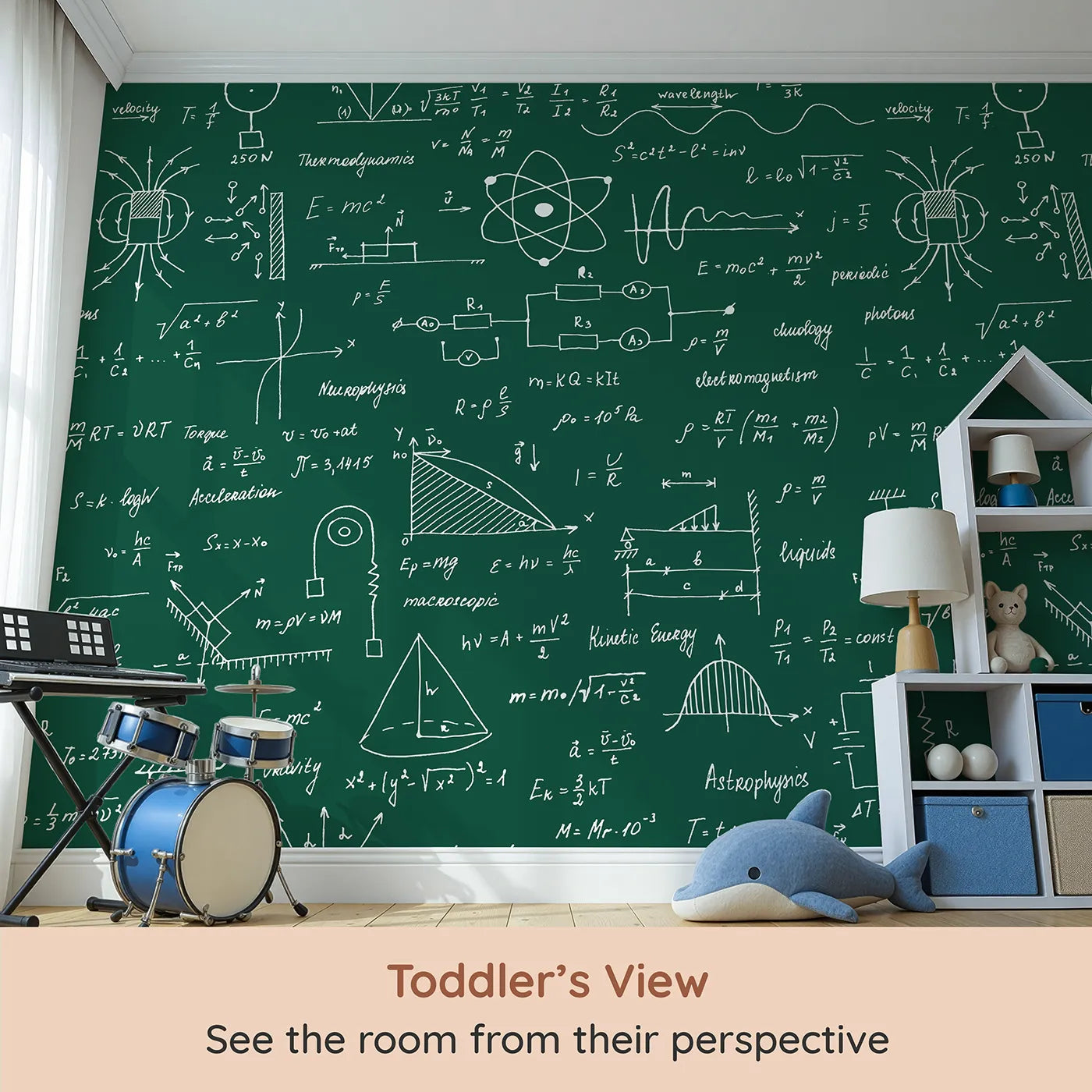 Whimsy Tots Physics Chalkboard Wall Mural (Turn Their Room into a Genius's Laboratory) from your child's view.Gender-Neutral