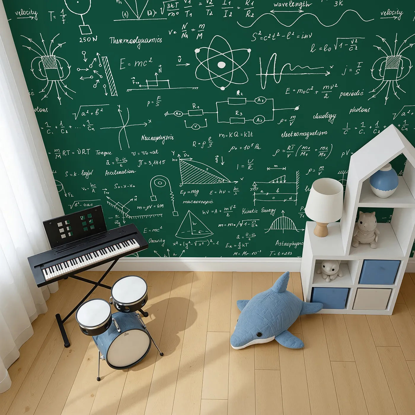Top-down view of Whimsy Tots' Physics Chalkboard Wall Mural (Turn Their Room into a Genius's Laboratory).Gender-Neutral