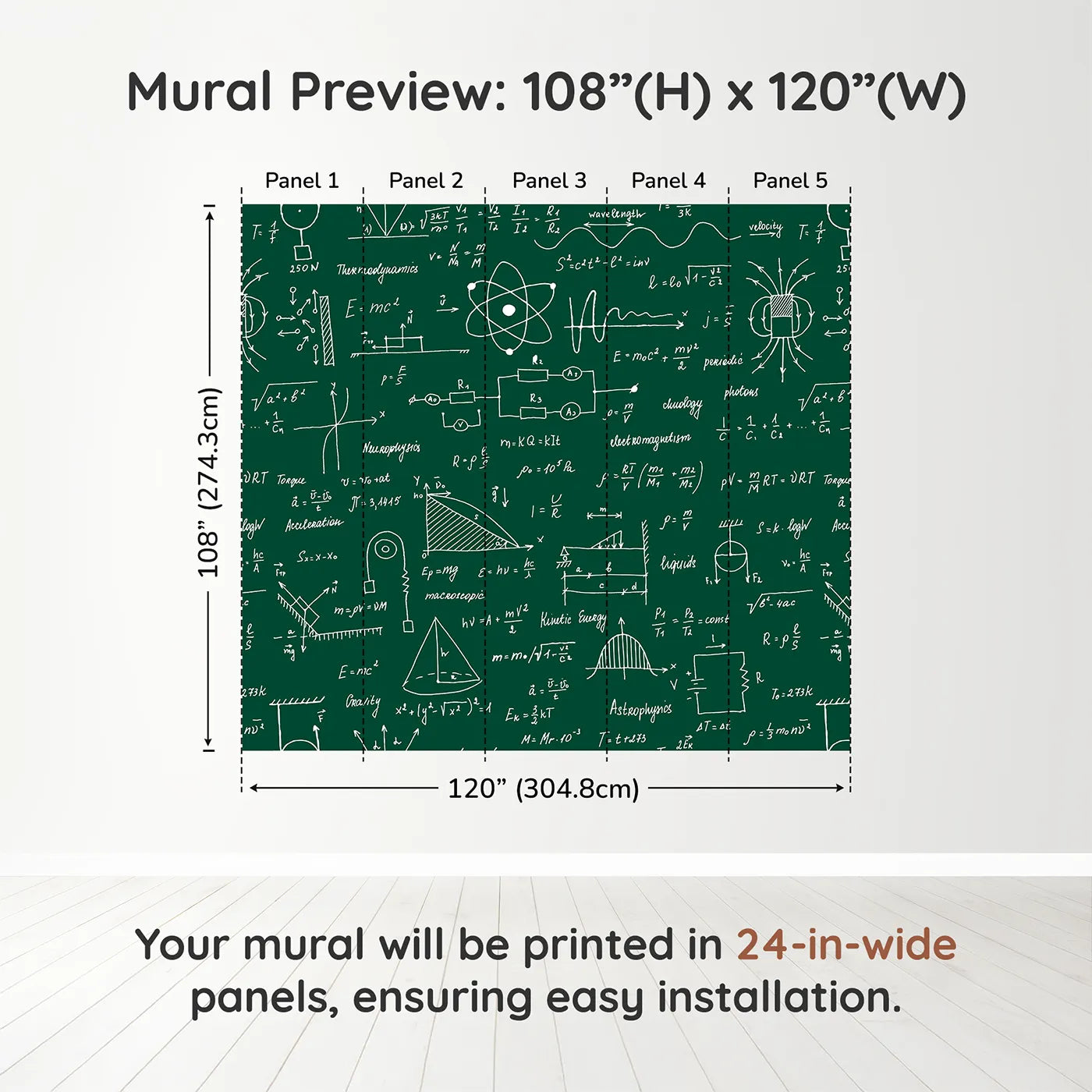 Whimsy Tots Physics Chalkboard Wall Muraldimension view (108" H x 120" W). Printed in five 24-inch-wide panels. Gender-Neutral